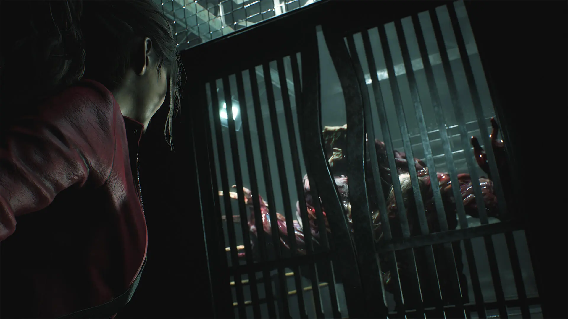 Claire Redfield fiercely protecting Sherry from a grotesque, mutated William Birkin in the underground facility.