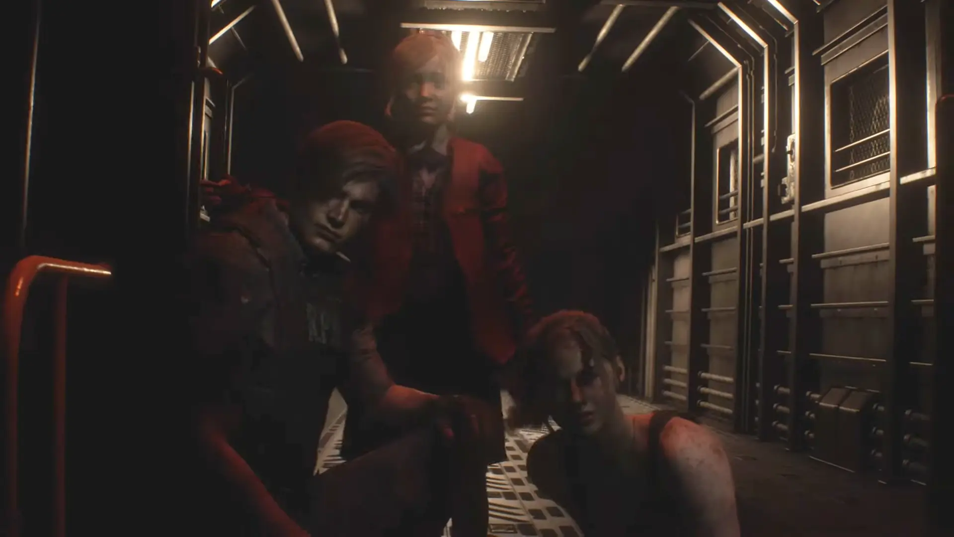 Leon, Claire, and Sherry riding away on the rescue train, exhausted but alive, as dawn breaks.