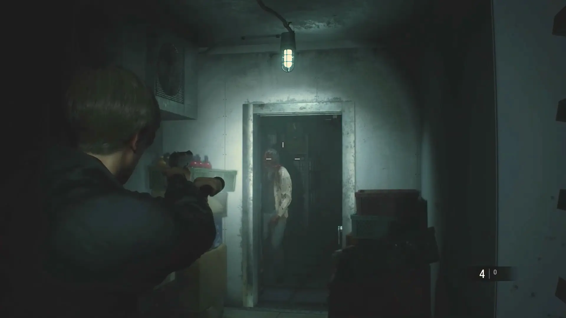 Leon S. Kennedy holding a flashlight in the pitch-black, blood-smeared aisles of the Raccoon City outskirts gas station.