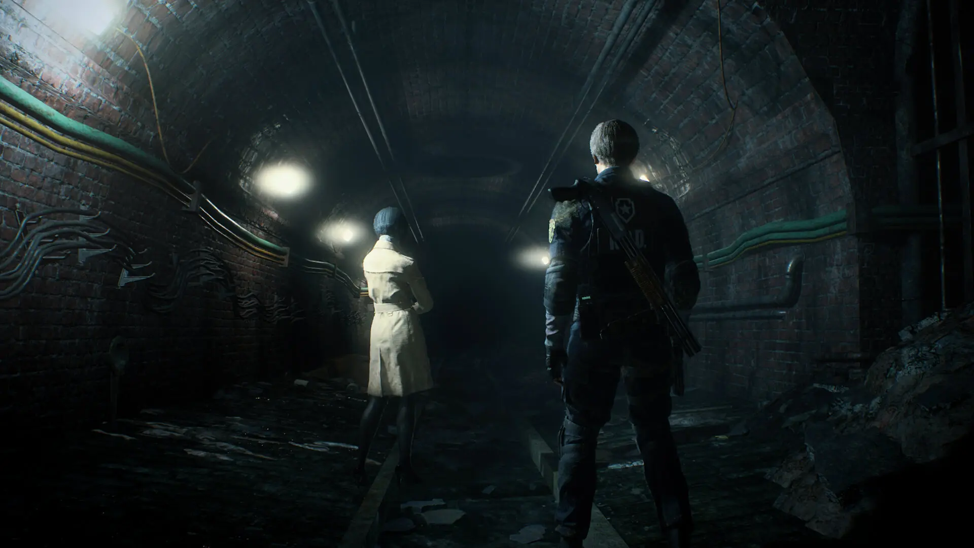 Leon Kennedy and Ada Wong navigating the filthy, low-lit tunnels of the Raccoon City sewers.