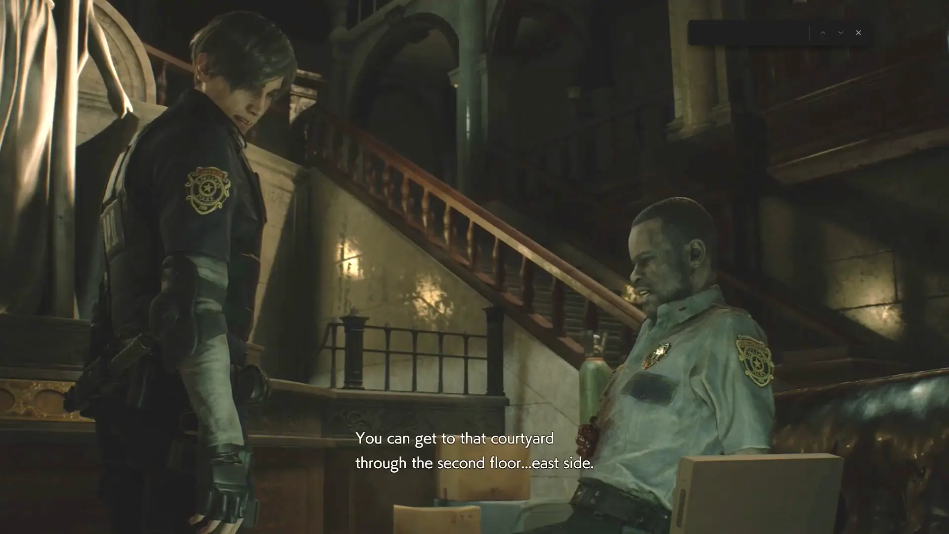 The grand, chillingly quiet Main Hall of the Raccoon Police Department with the Marvin Branagh sitting wounded on the couch.