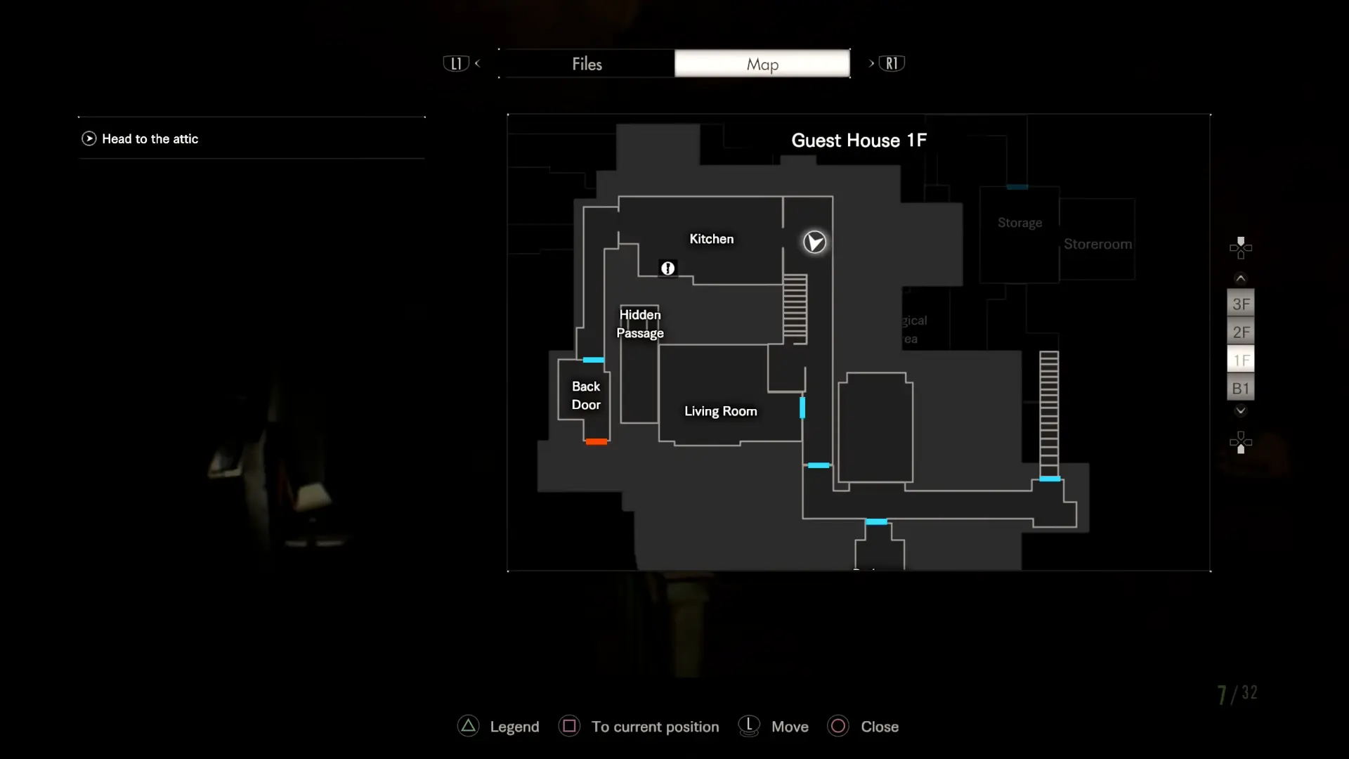 A shot of the in-game map showing the claustrophobic layout of the Main House 1F, highlighting the 'Puzzle Box' nature of the building.