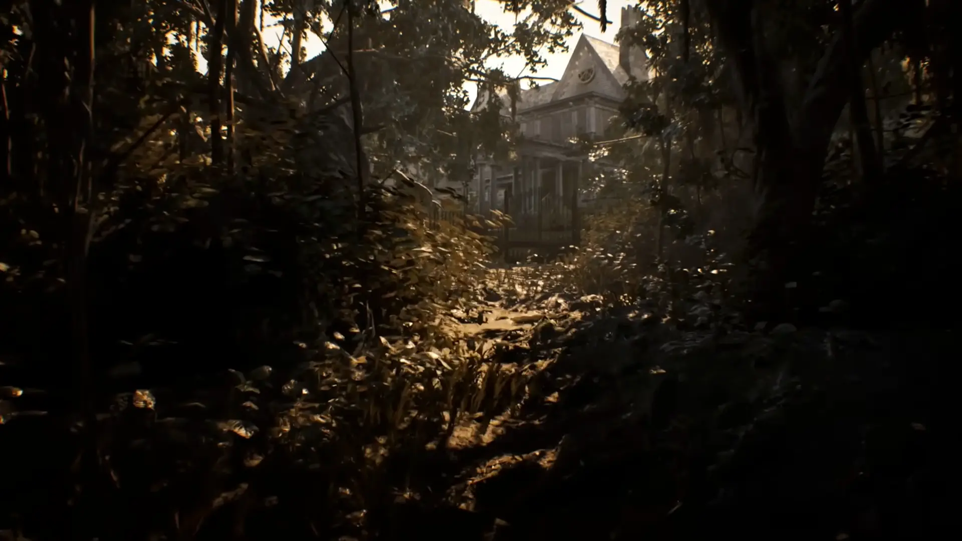 Ethan standing before the chained gates of the Baker plantation, the tall dead grass and the rotting Guest House visible in the distance.