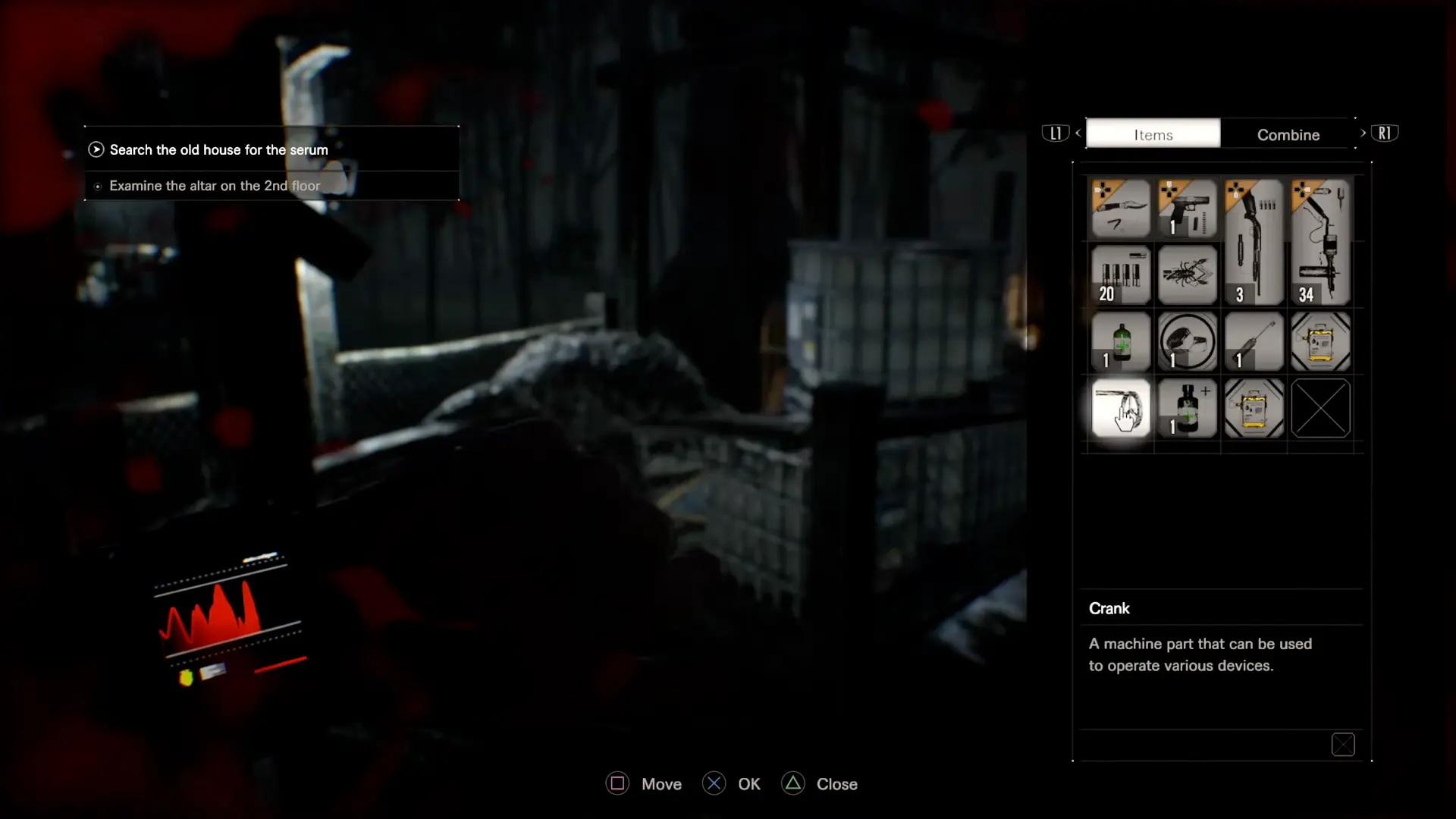 A close-up of the grid-based inventory screen, showing a desperate mix of gunpowder, a handgun, and a single green herb.