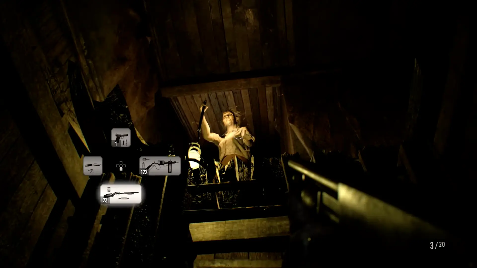 Marguerite Baker performing her spider-crawl along the wooden beams of the Old House, her lantern illuminating the nest.