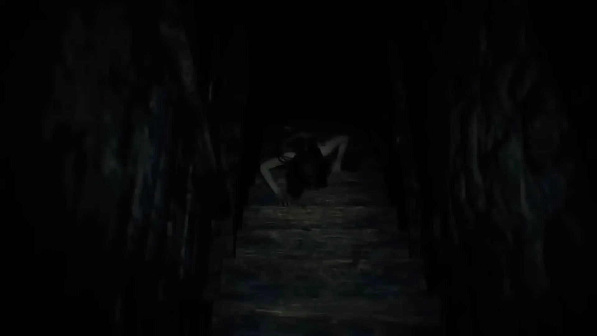 The first major encounter: A possessed Mia crawling aggressively up the Guest House basement stairs with a knife.