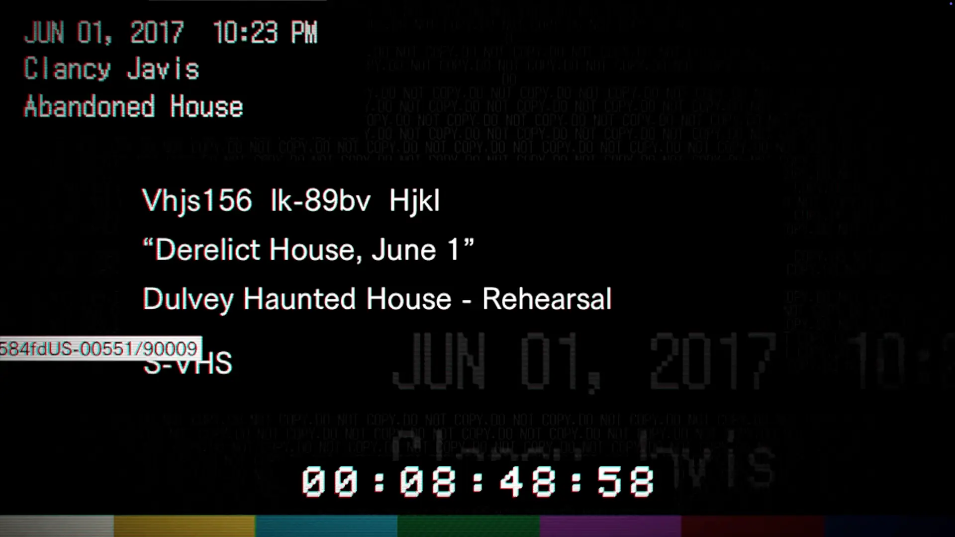 The 'found footage' perspective inside the Guest House kitchen, showing the grainy 1990s-style visual of the cameraman exploring the filth.