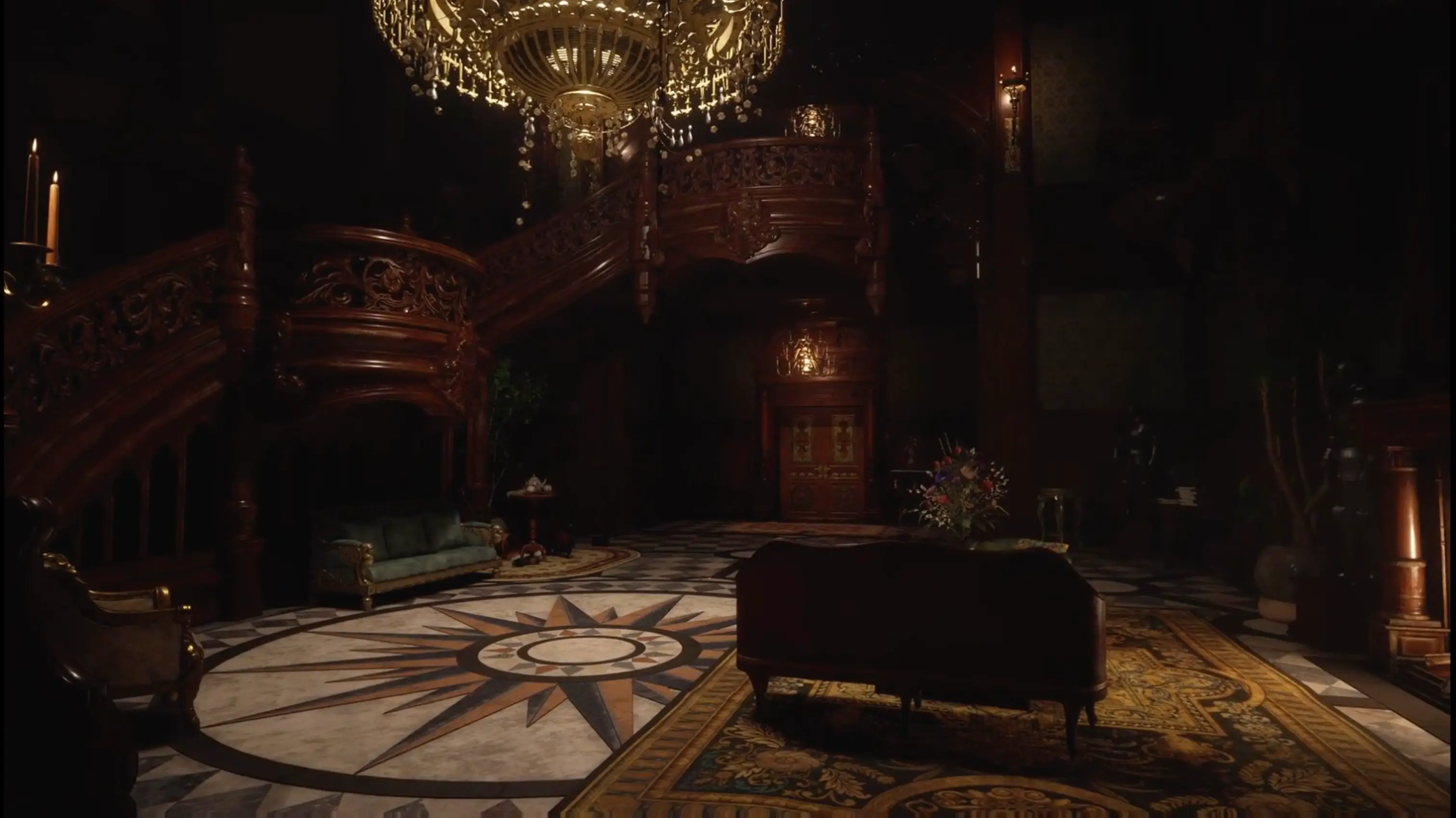 The stunning, highly detailed interior of Castle Dimitrescu, featuring gold trim, velvet furniture, and classical artwork.
