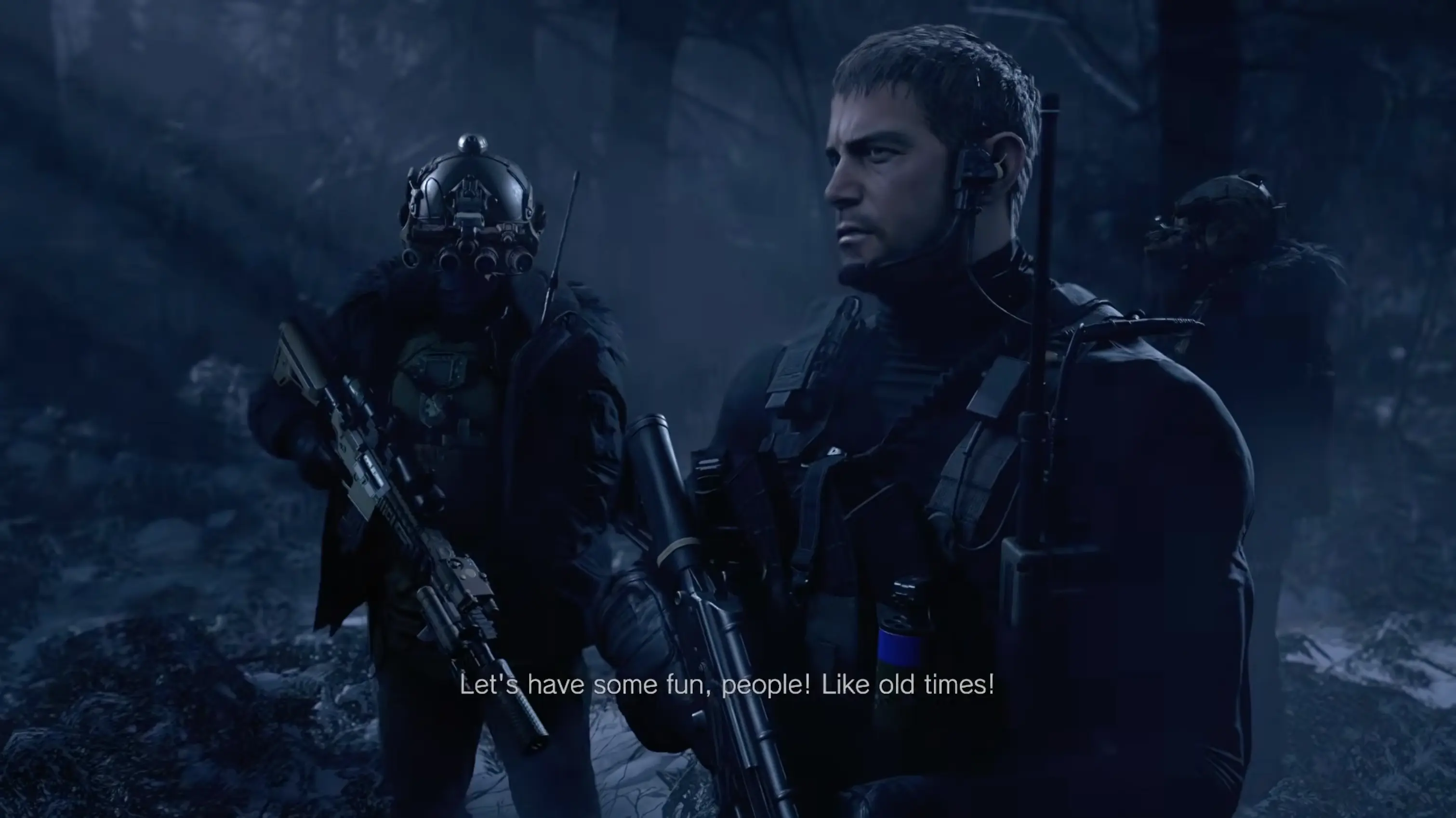 A battle-hardened Chris Redfield looking grim and tactical in a heavy winter coat, smoking a cigarette in the dark.