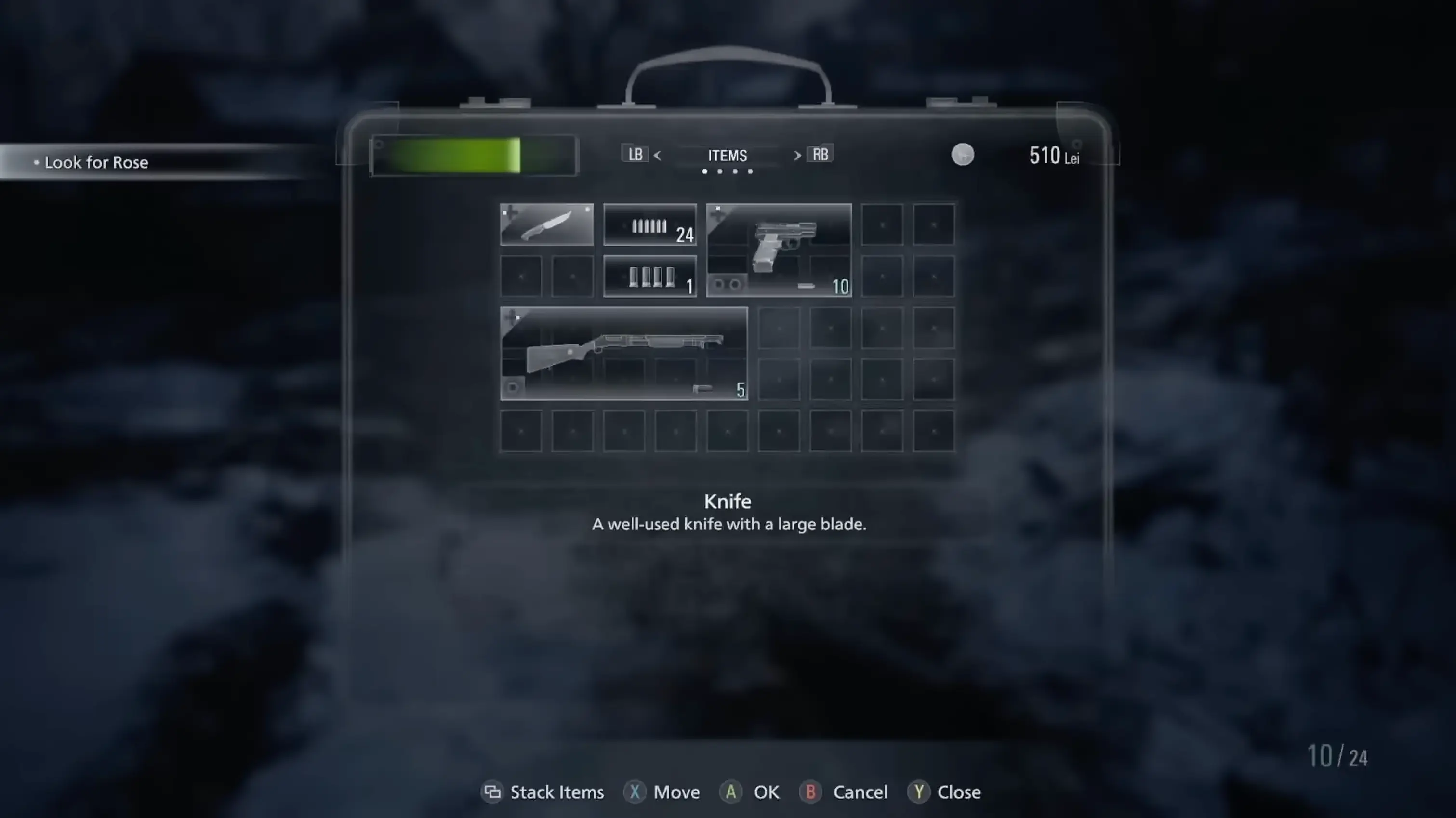 The satisfying, grid-based attache case inventory system, meticulously organized with weapons, ammo, and healing items.