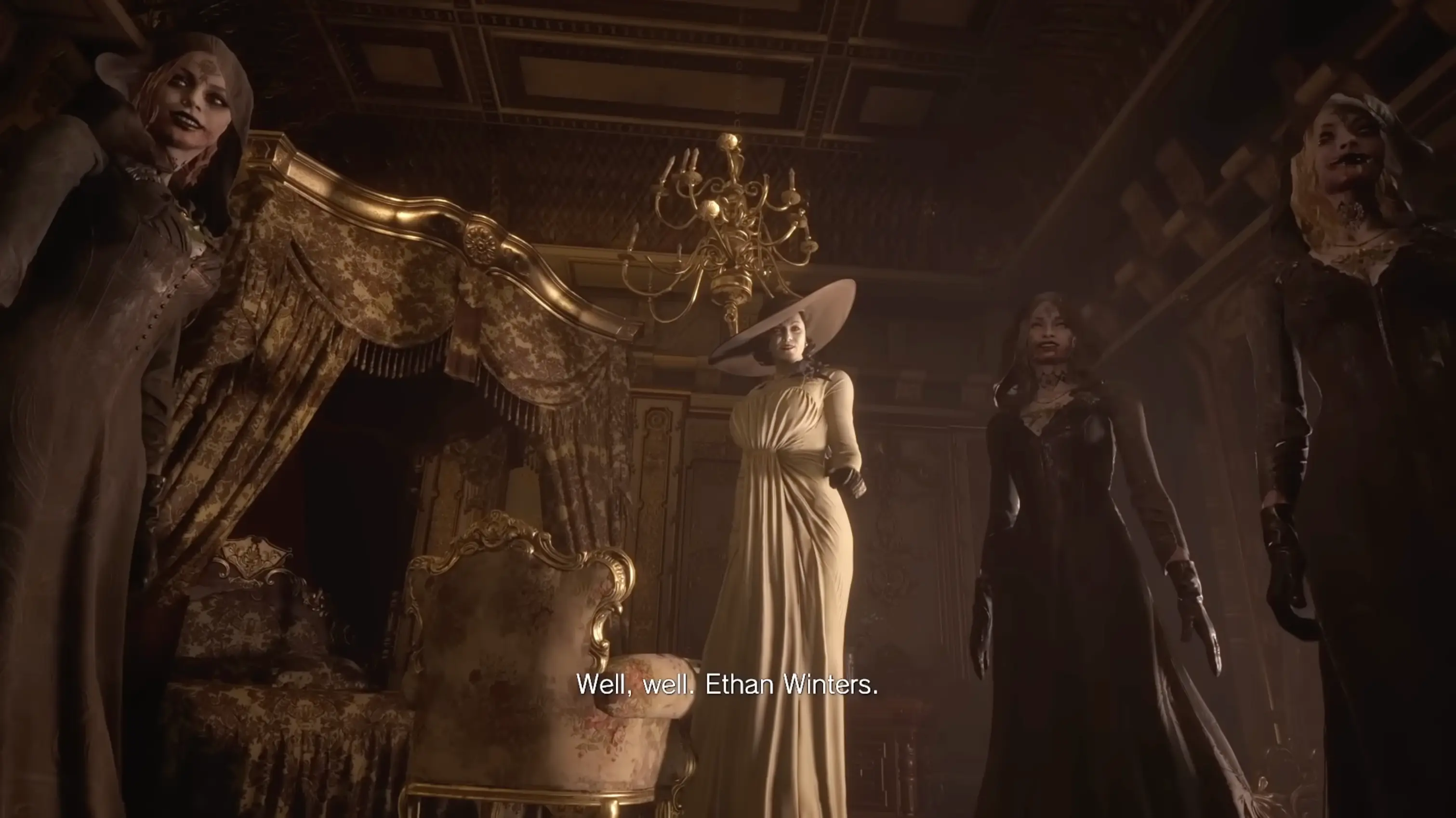 The towering, intimidating Lady Dimitrescu crouching slightly to fit through a doorway inside her opulent gothic castle.