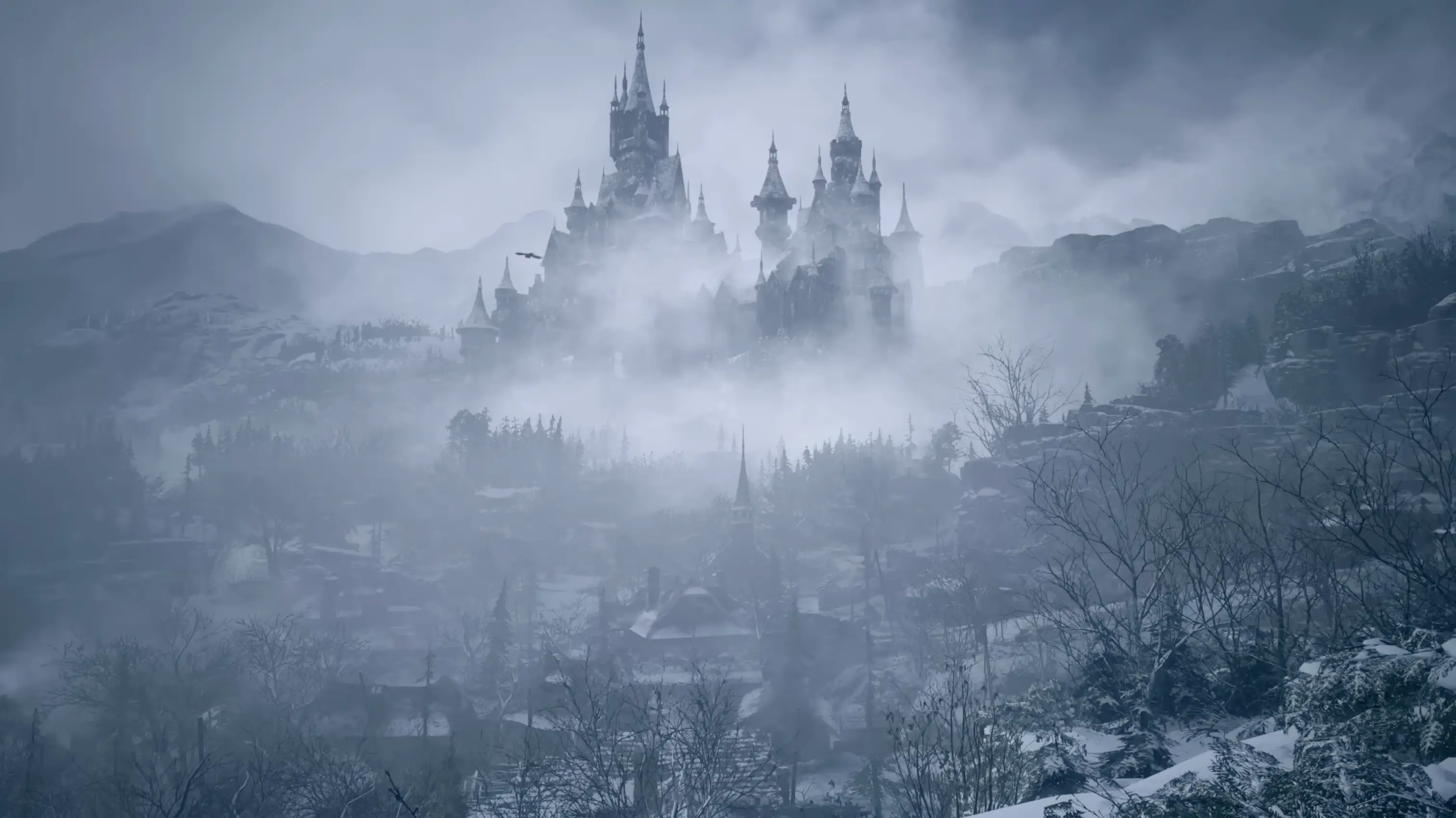 Ethan Winters looking down at the desolate, snow-covered, and terrifyingly quiet titular Village from a high vantage point.