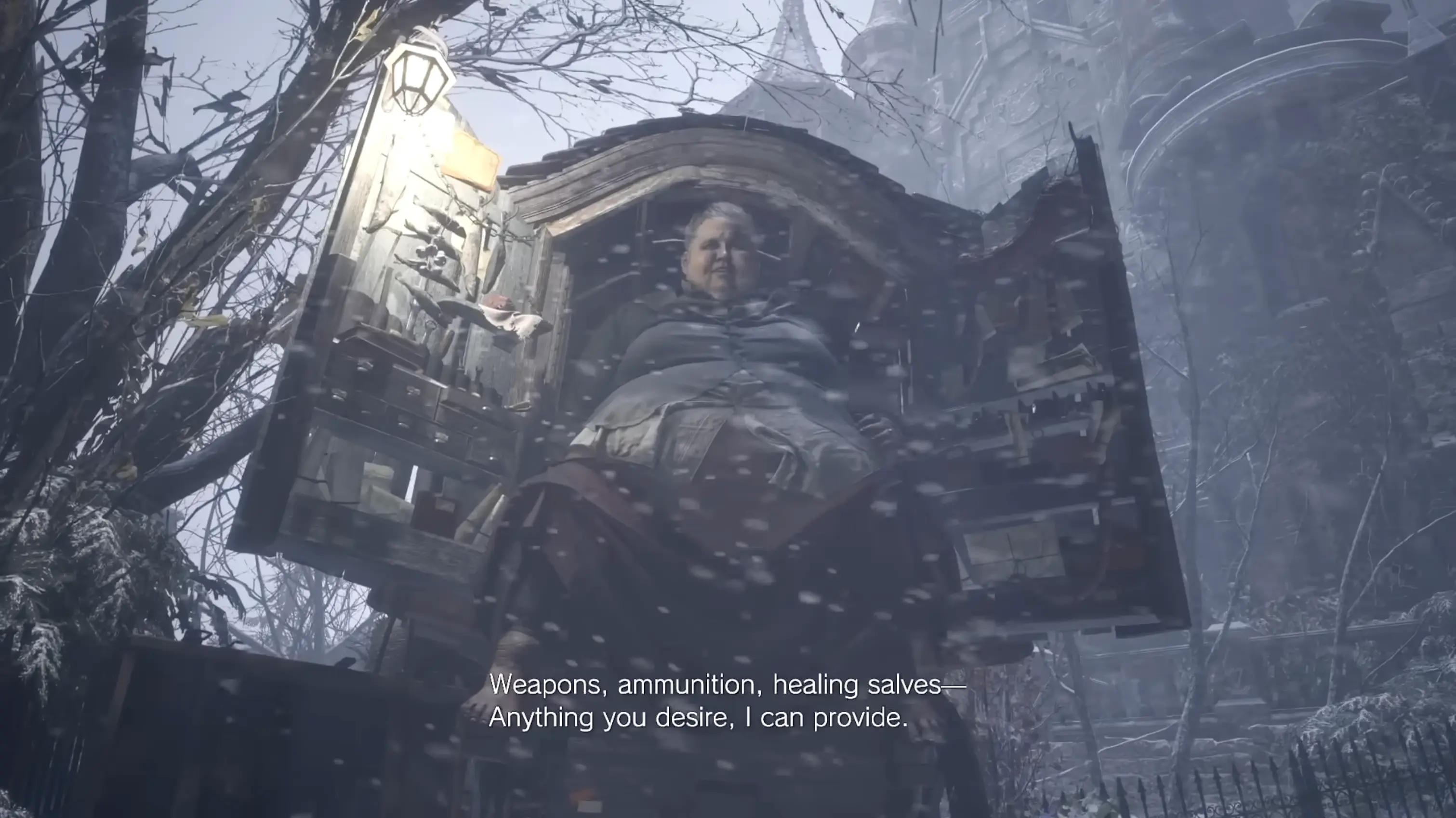 The massive, charismatic merchant known as The Duke, sitting in his carriage and offering weapon upgrades to Ethan.