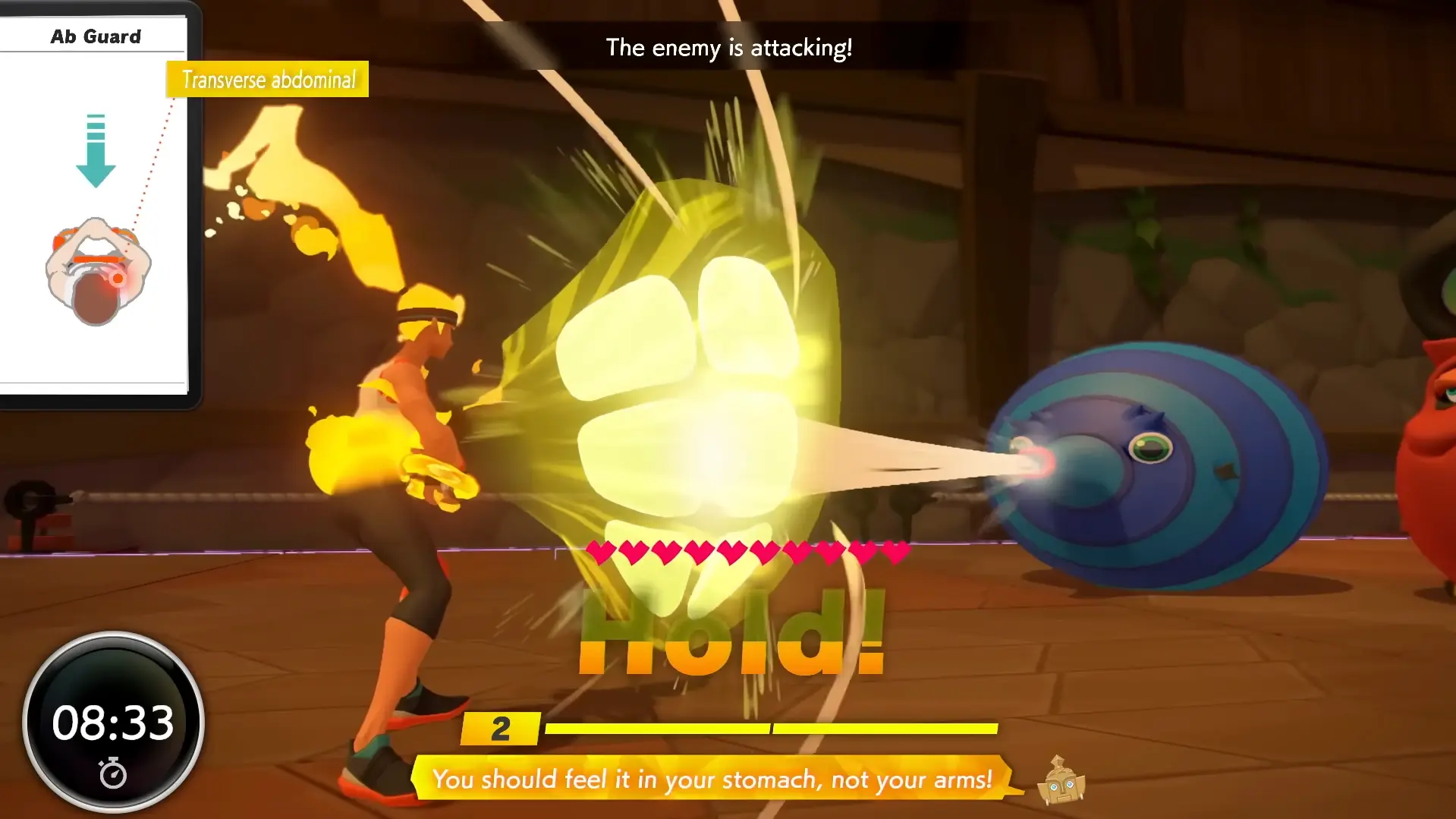 The protagonist performing an 'Ab Guard', pressing the Ring-Con tightly against their stomach to summon a protective hexagonal energy shield.
