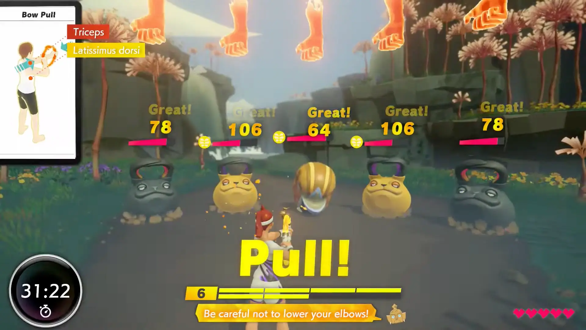 A combat encounter against a giant, menacing yoga mat and several angry dumbbells, with the player character preparing a fiery attack.
