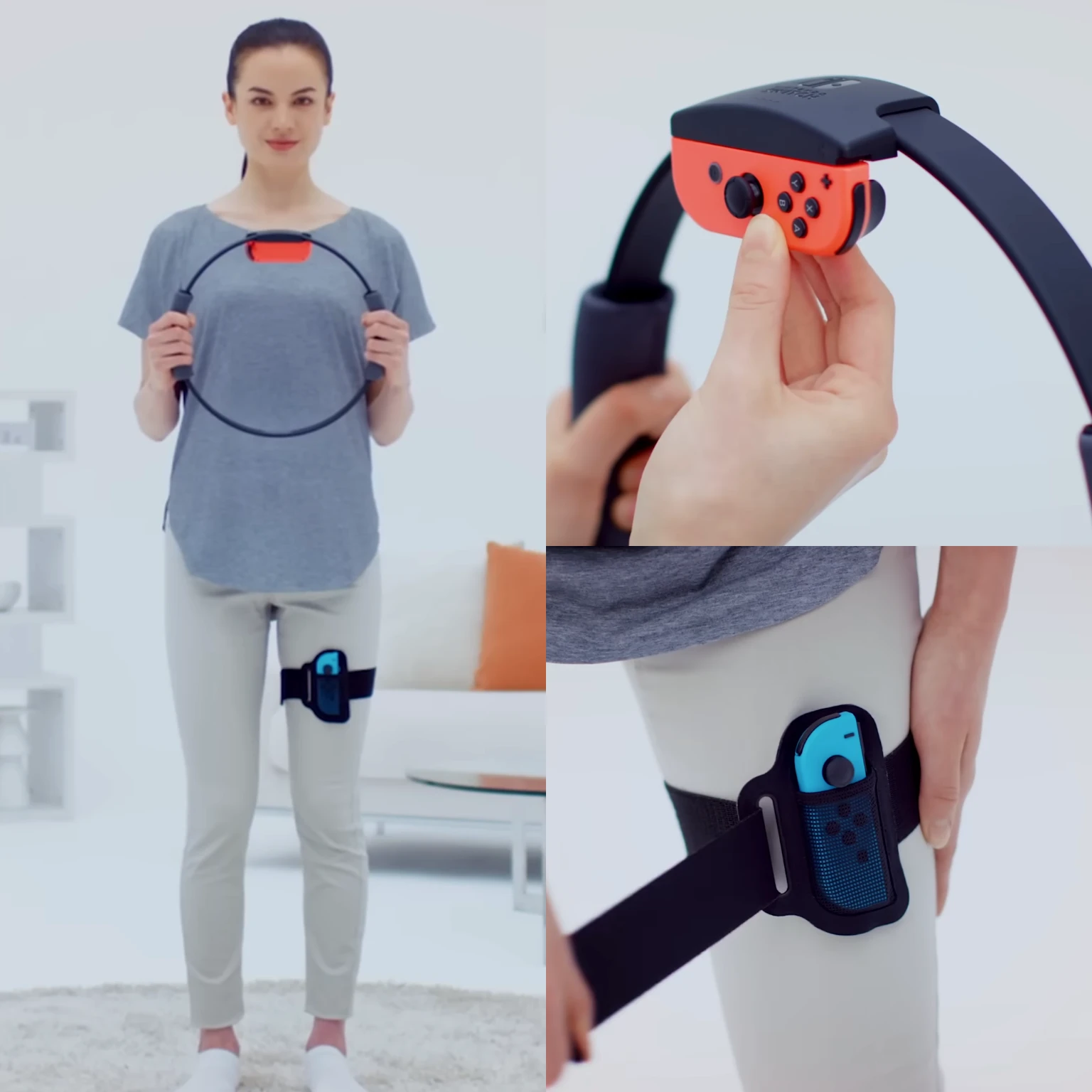A demo on how to attach Ring-Con and Leg Strap accessories with neon Joy-Cons attached.