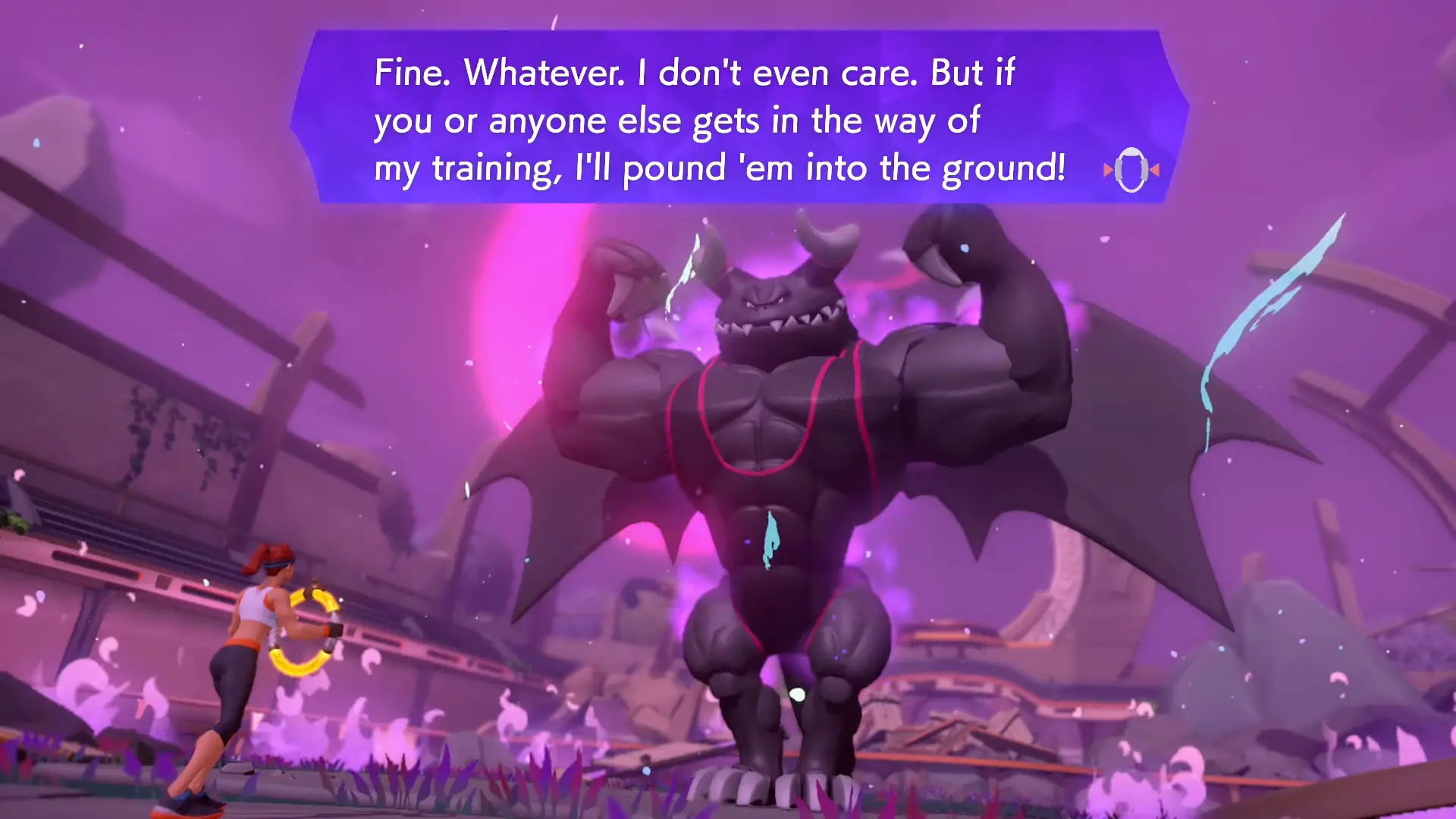 Dragaux, the massive, muscular dragon antagonist, flexing in a dark aura of purple energy while wearing a tiny workout leotard.