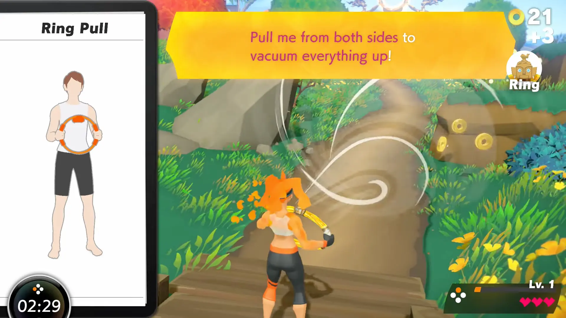 The protagonist jogging through a beautifully stylized, cel-shaded autumn forest, vacuuming up gold medals with a gust of wind.