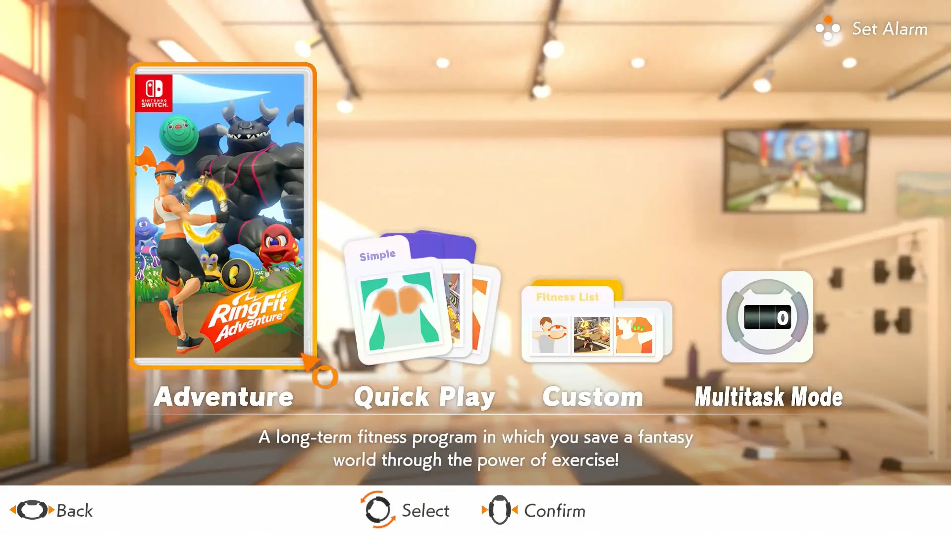 The bright, clean main menu of Ring Fit Adventure, prompting the player to attach their Joy-Cons and begin.