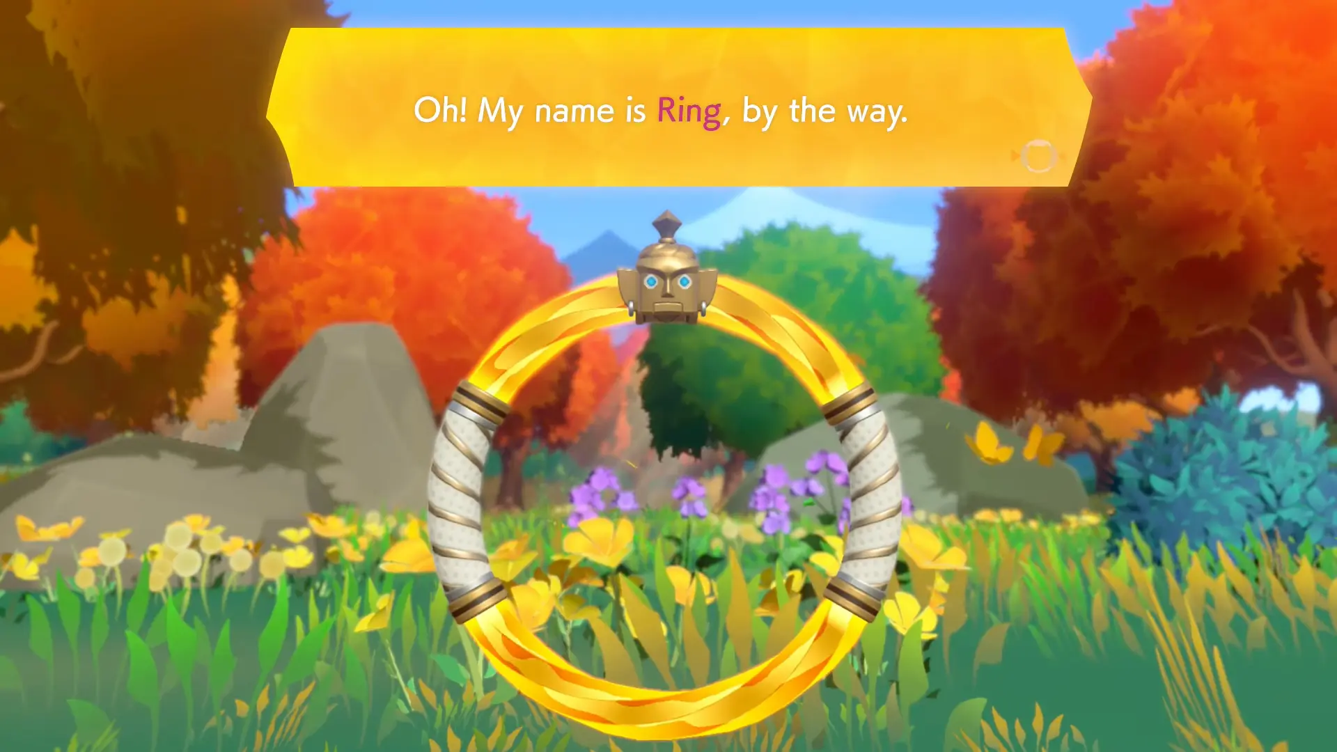 Ring, the glowing sentient ring, floating with a bright golden aura and a dialogue box that reads 'Oh! My name is Ring, by the way.'