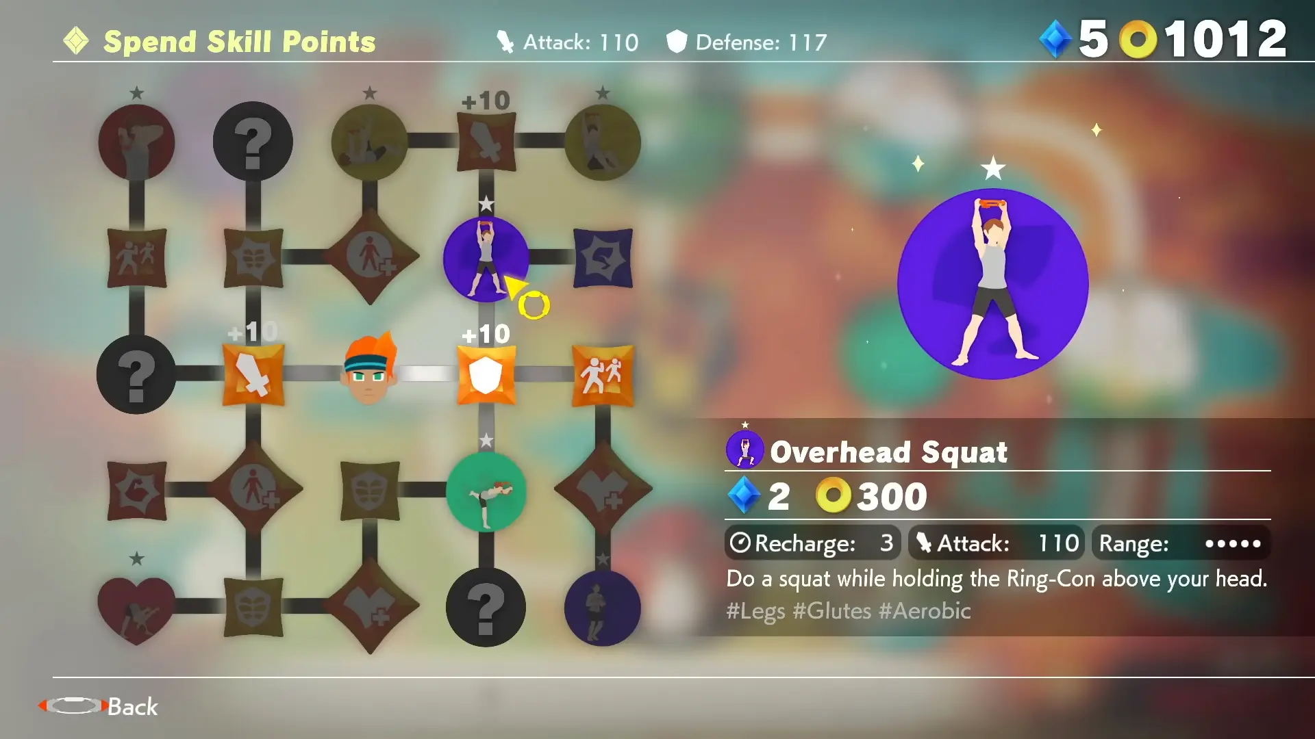 A look at the complex skill tree, showing various unlockable exercises categorized by neon colors.