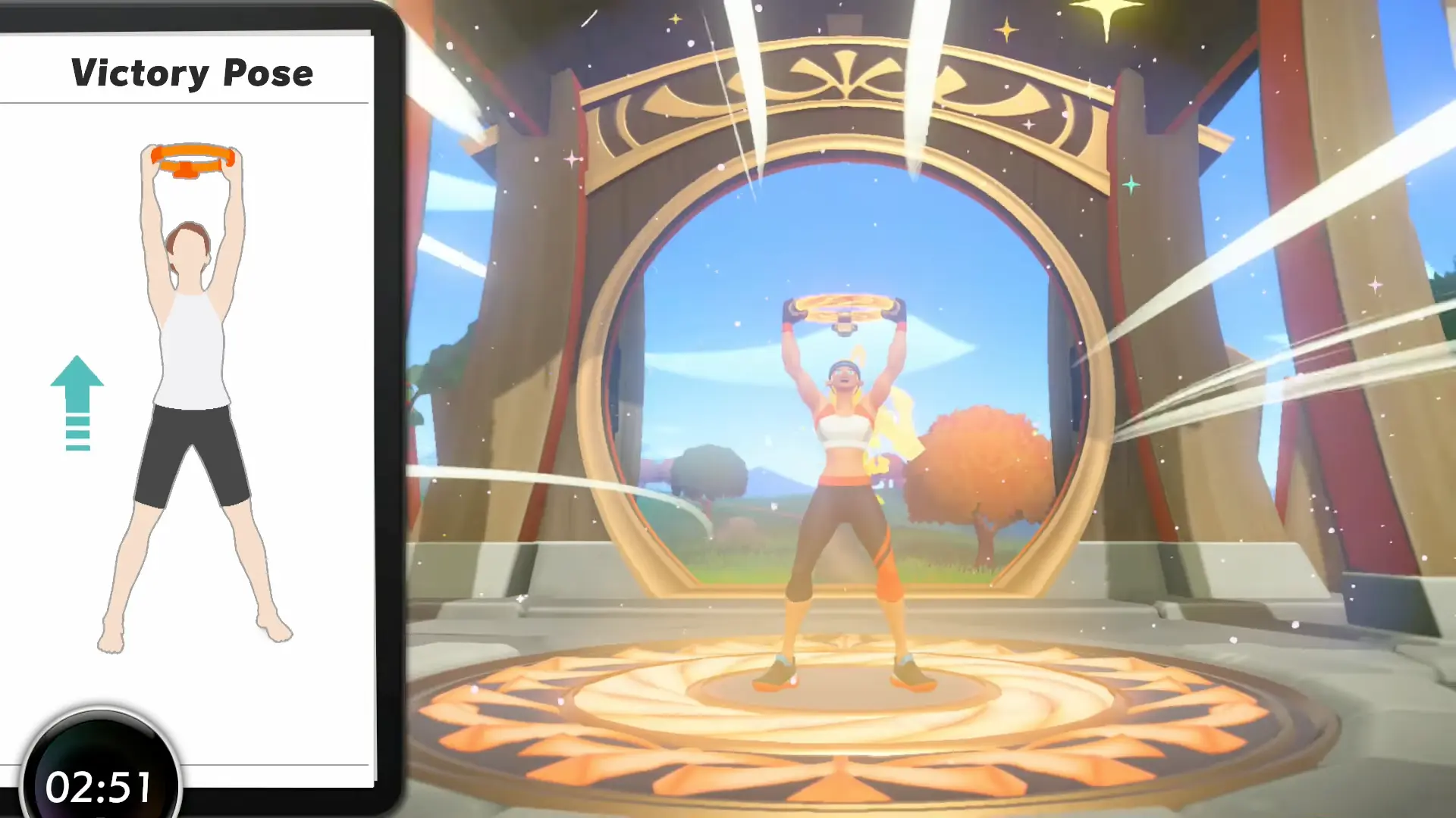 The protagonist and Ring striking a dynamic, glowing victory pose after finishing a difficult stage.