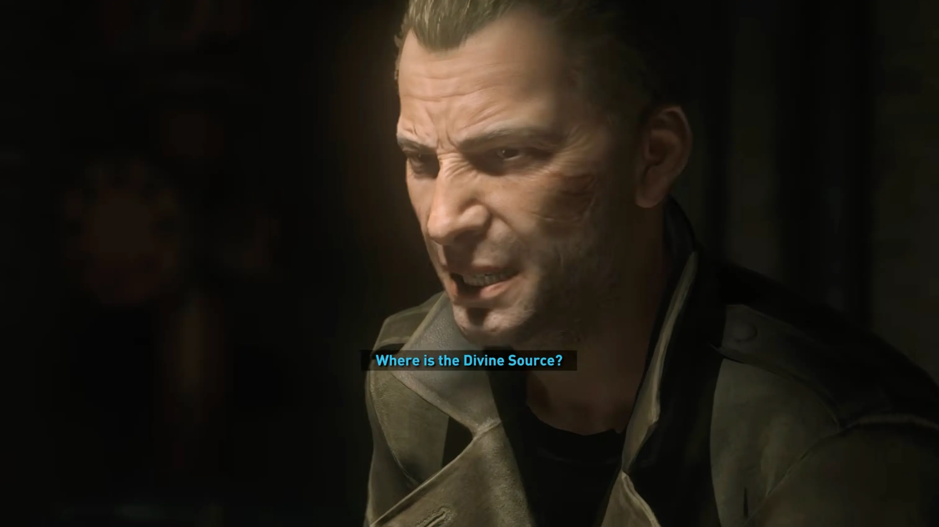 The cold, fanatical antagonist Konstantin, with bloody stigmata scars on his hands, lecturing a captured Lara Croft.