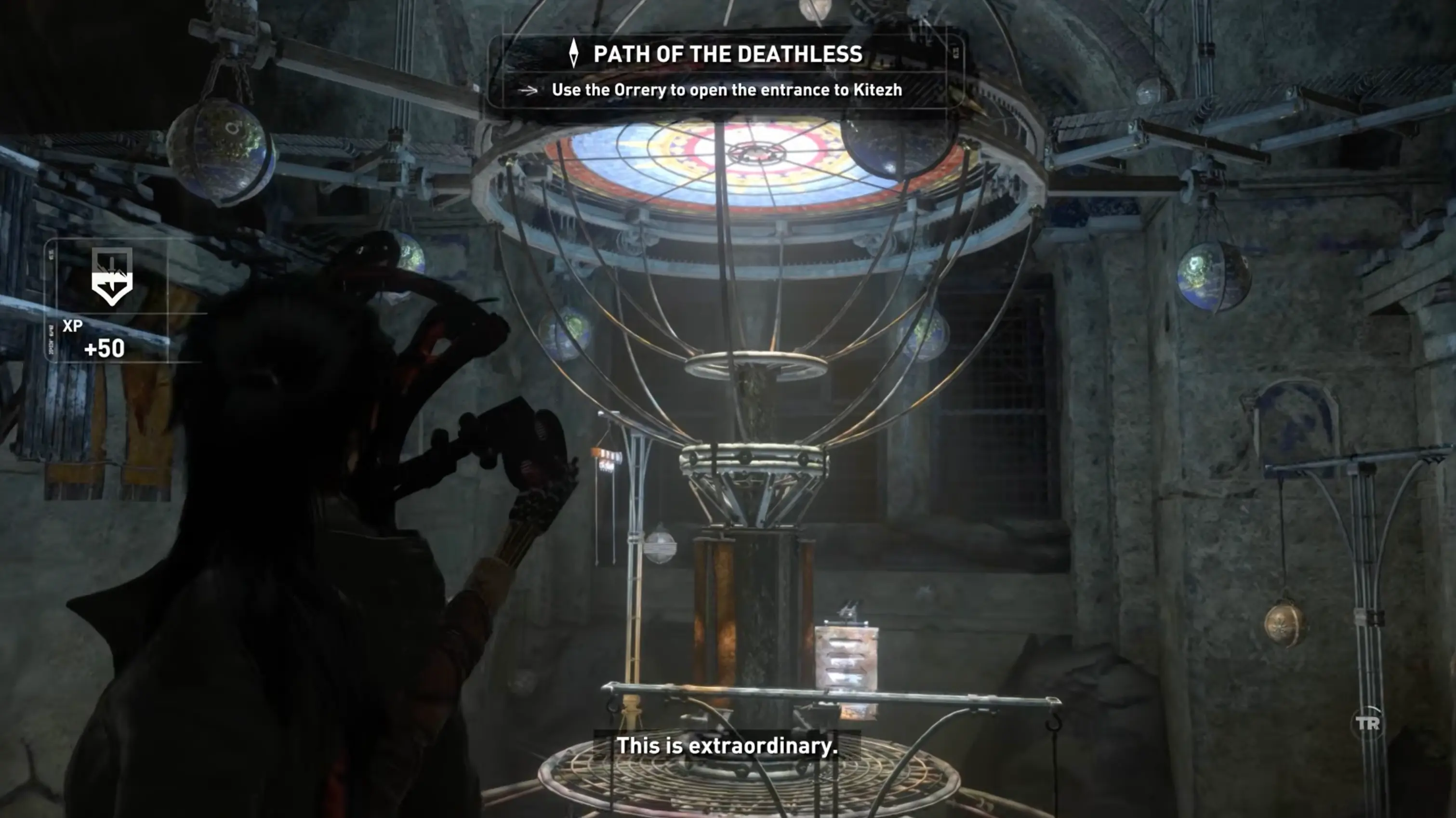 Lara leaping across the massive, rotating wooden gears and platforms of the celestial Orrery puzzle deep beneath the earth.