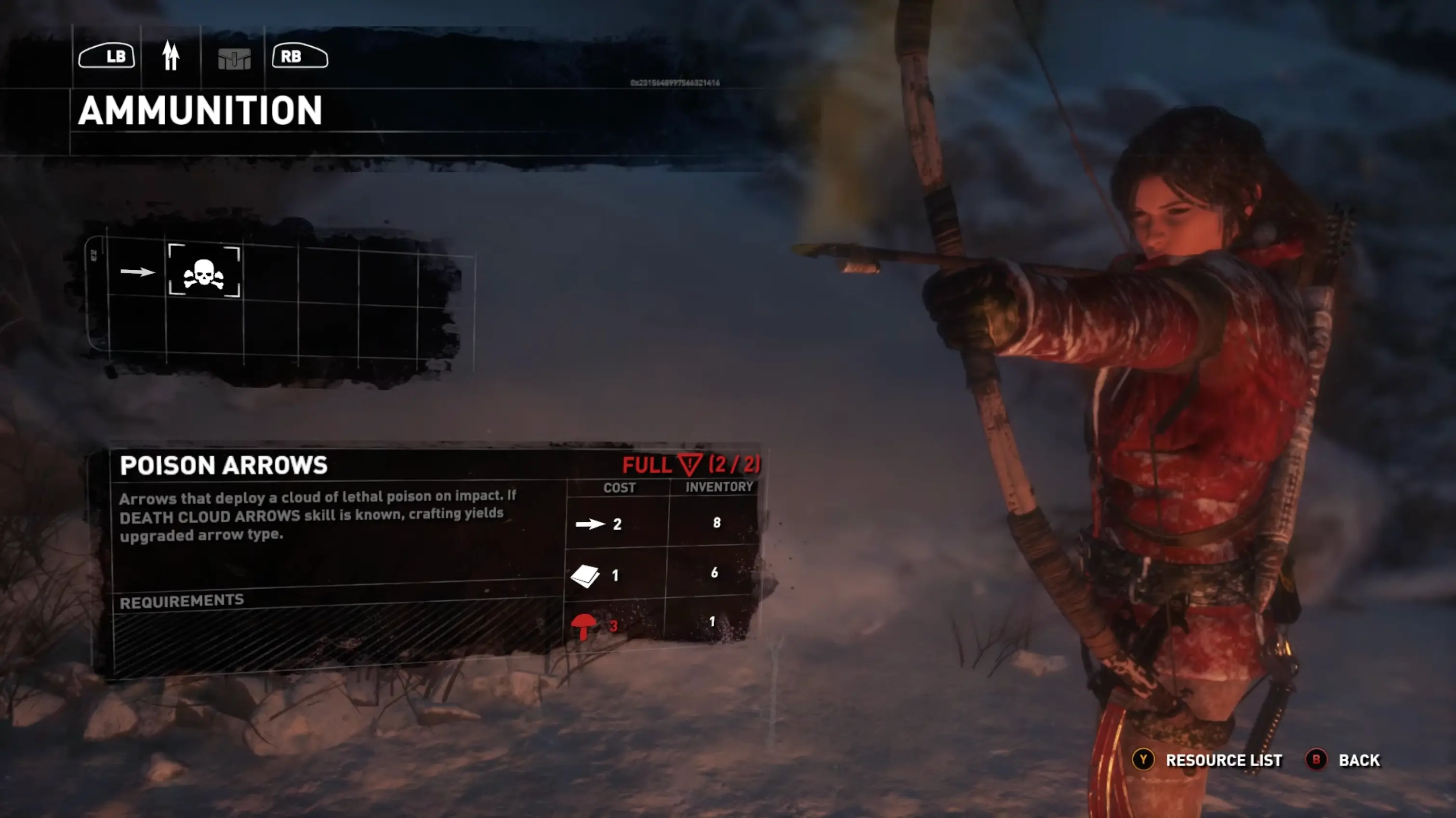 Lara drawing her compound bow, the tip of the arrow glowing with a toxic green cloud of crafted poison gas, aimed at a Trinity soldier.