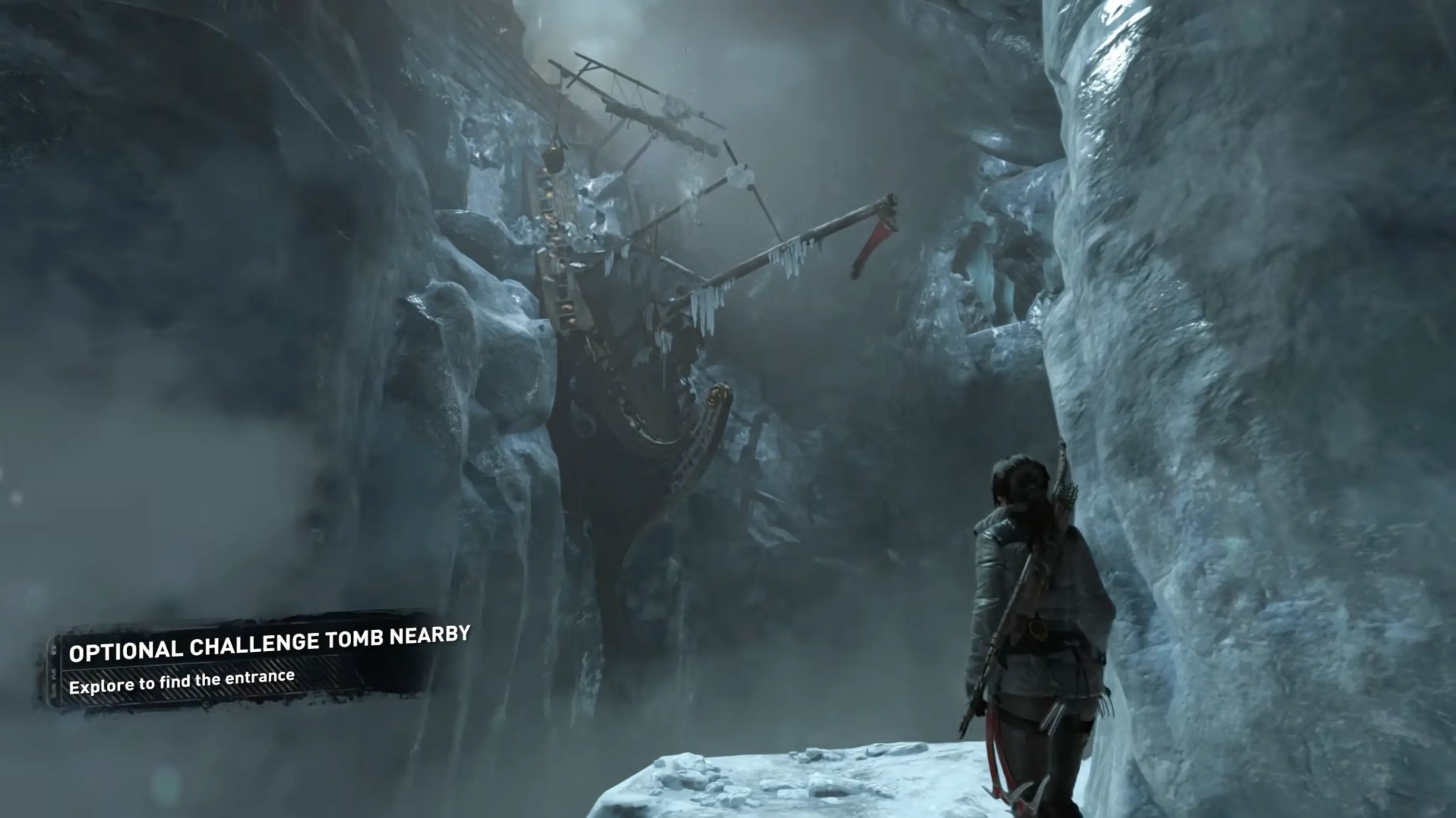 A massive, frozen Byzantine galleon trapped inside a glacier, serving as the centerpiece for an intricate and dangerous Challenge Tomb.