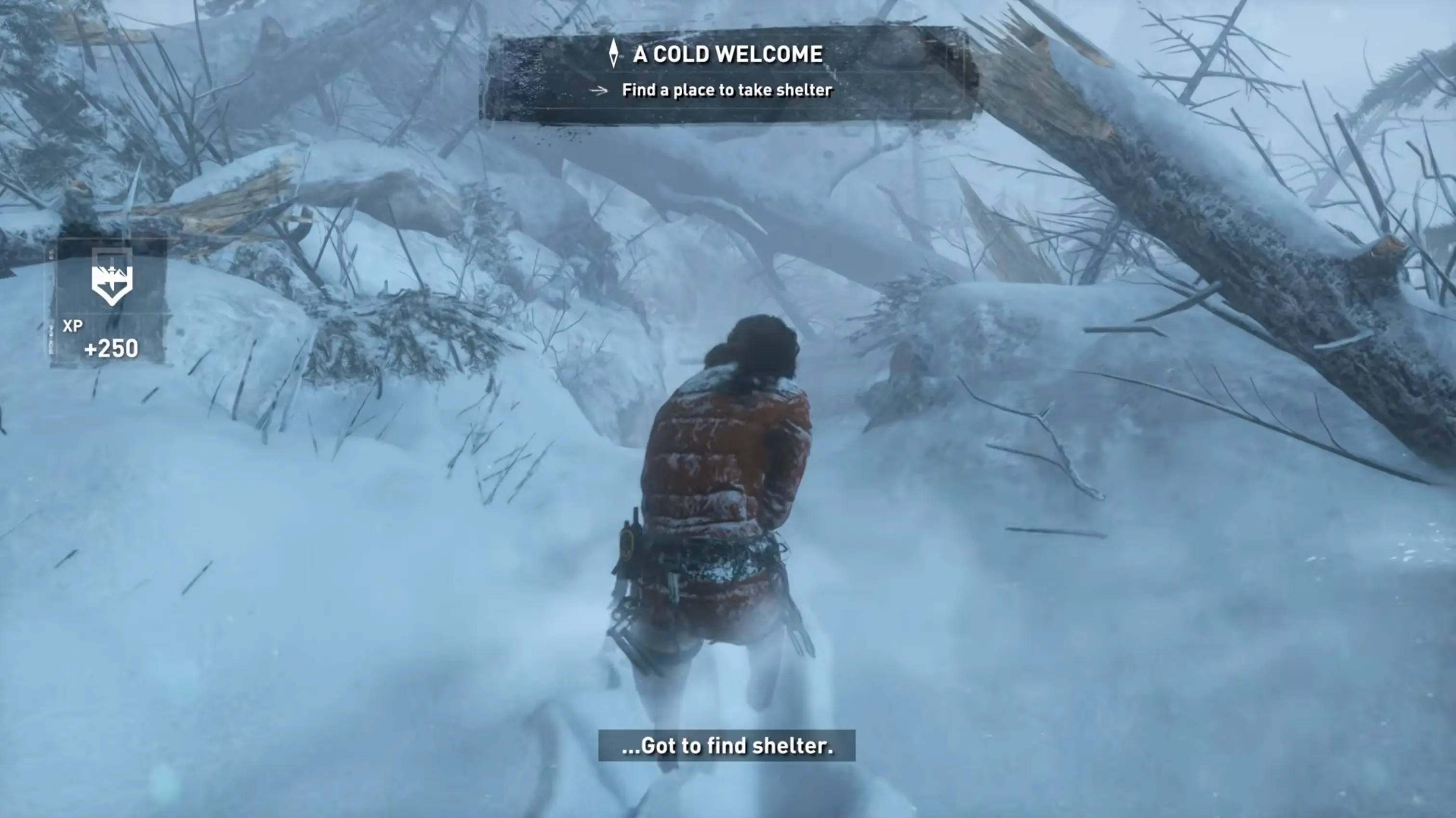 Lara Croft trudging through waist-deep, beautifully rendered dynamic snow in the harsh Siberian wilderness, wearing her red winter jacket.
