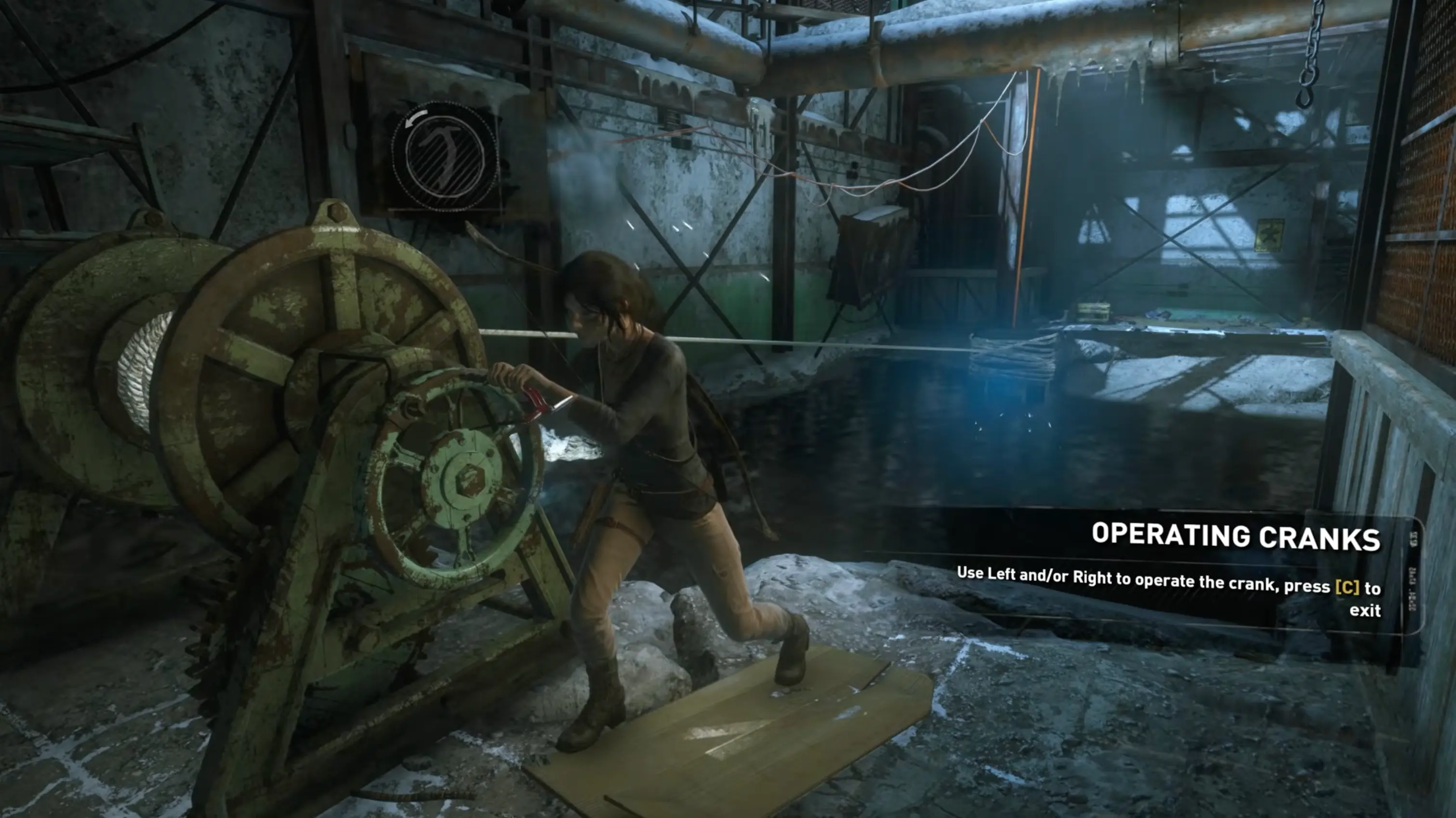 Lara hidden just beneath the surface of a freezing, ice-choked pond, waiting to perform a brutal stealth takedown on an unsuspecting mercenary.