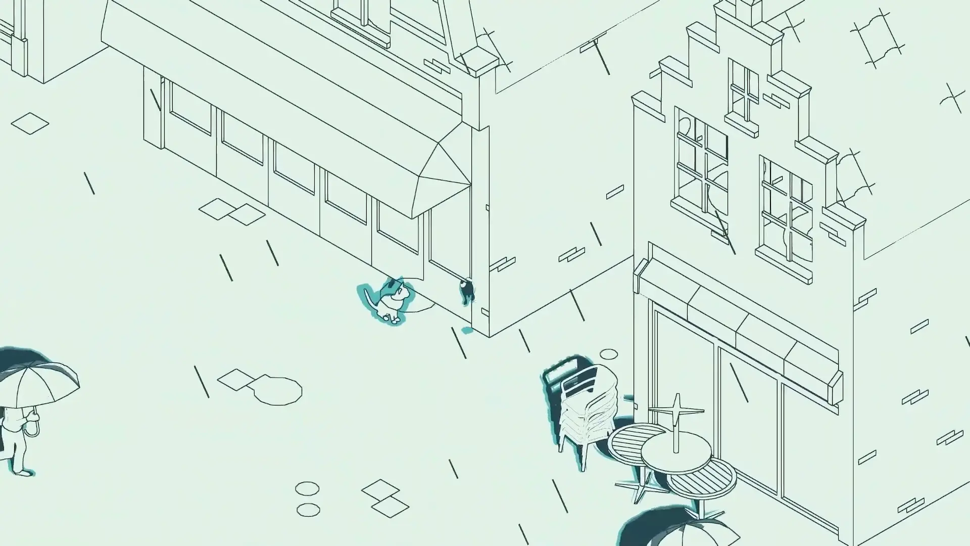 The player mischievously interacting with the shadow of a street cat, causing the animal to stop and look around in confusion.