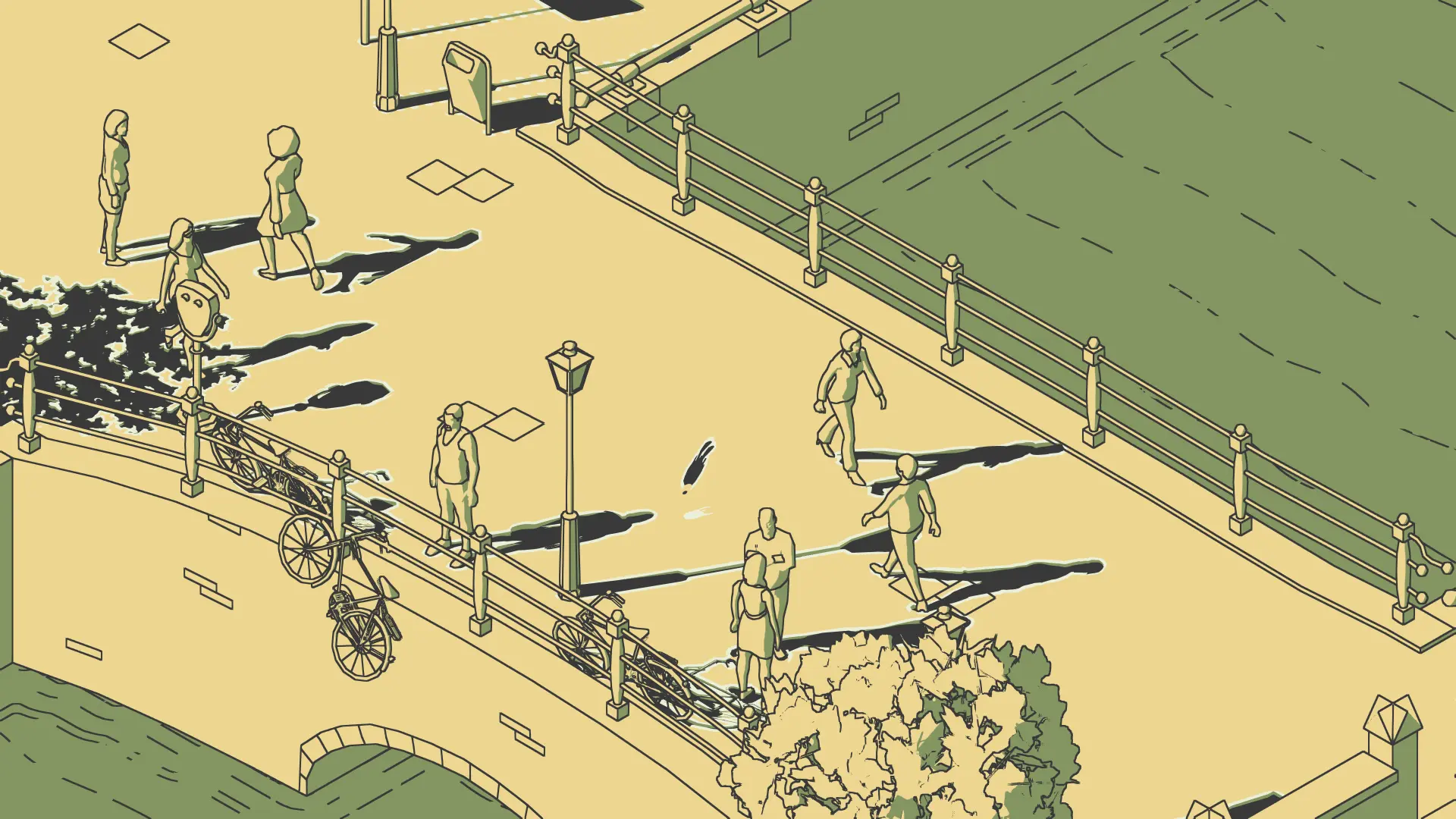 A wide, isometric view of the city bathed in a high-contrast yellow and black palette, highlighting the vast sea of dangerous light.