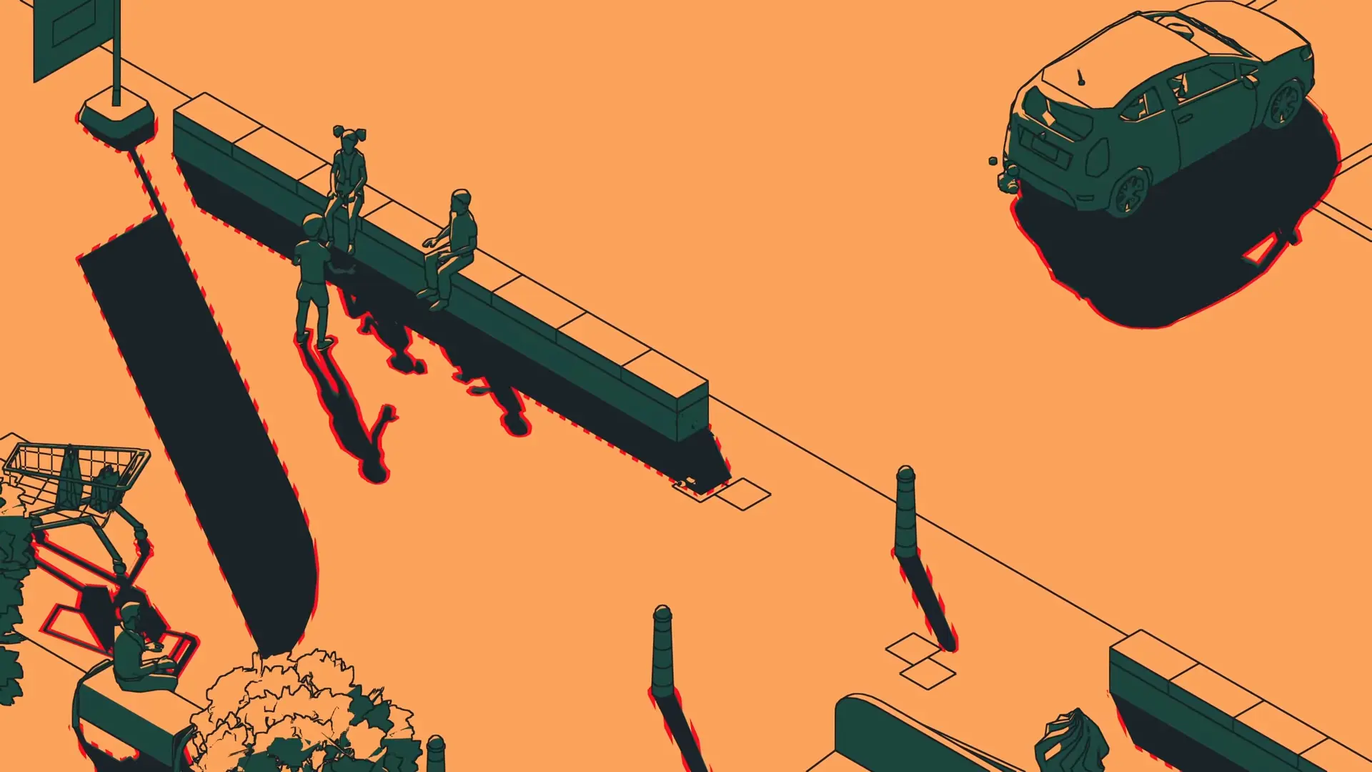 A complex platforming sequence involving the rotating, dynamic shadows cast by children playing on a roundabout.