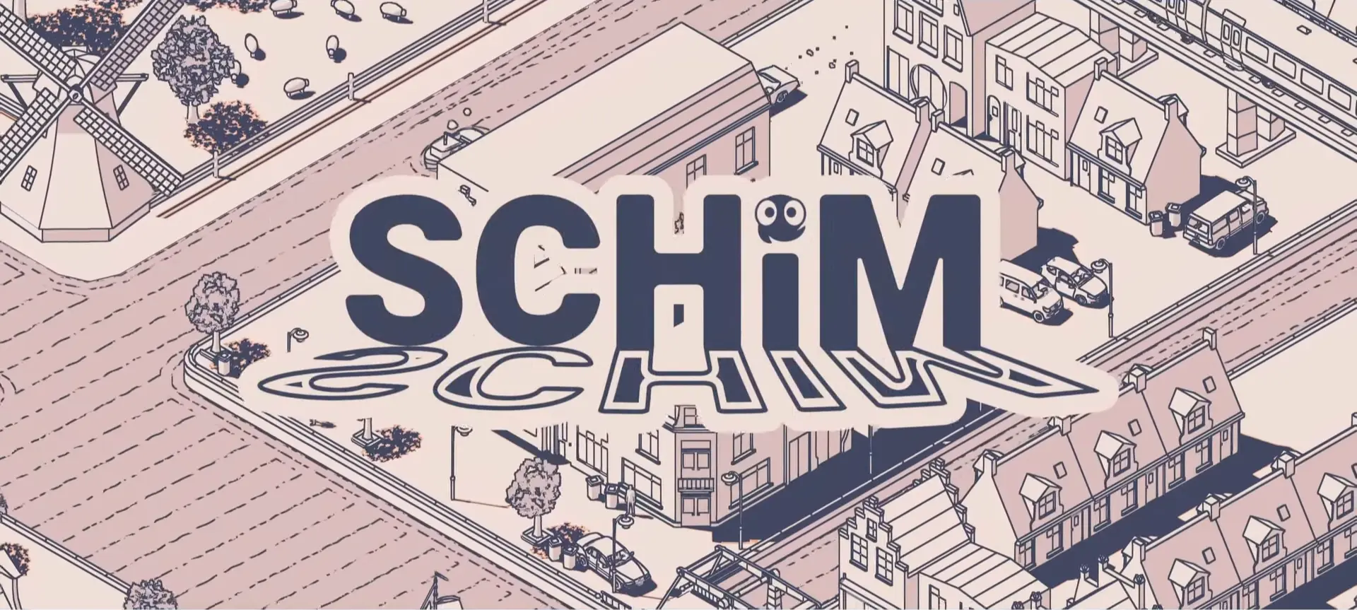The minimalist, striking title screen of SCHiM featuring the little protagonist peering out of the logo's shadow.