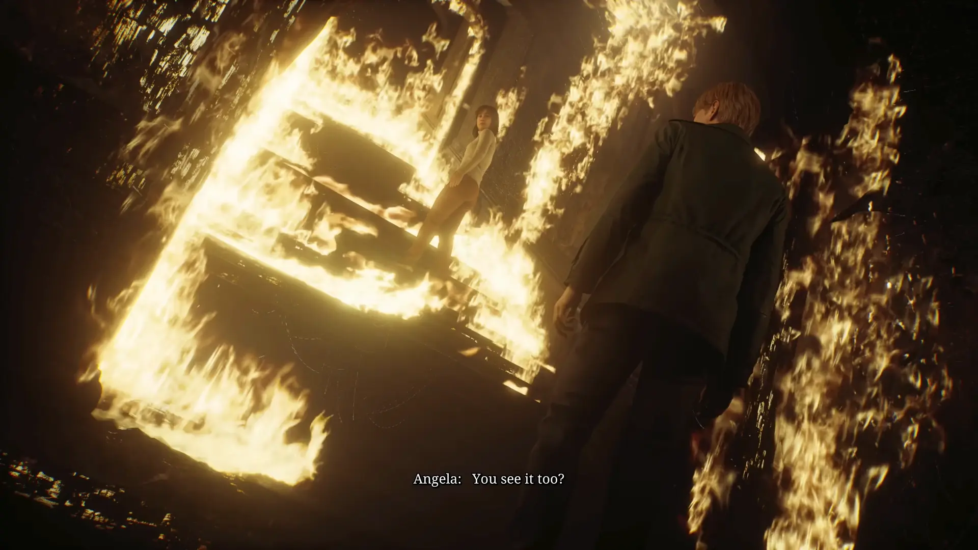 The dramatic and heartbreaking encounter with Angela on the staircase, showcasing the game's fire and particle effects.