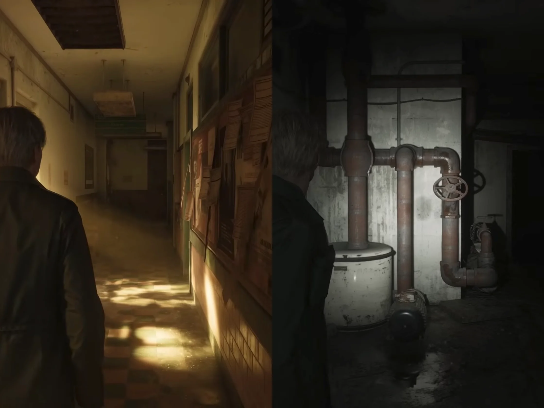 A dark, rusted hallway in Brookhaven Hospital, showing the intricate detail of the peeling wallpaper and pooling water.