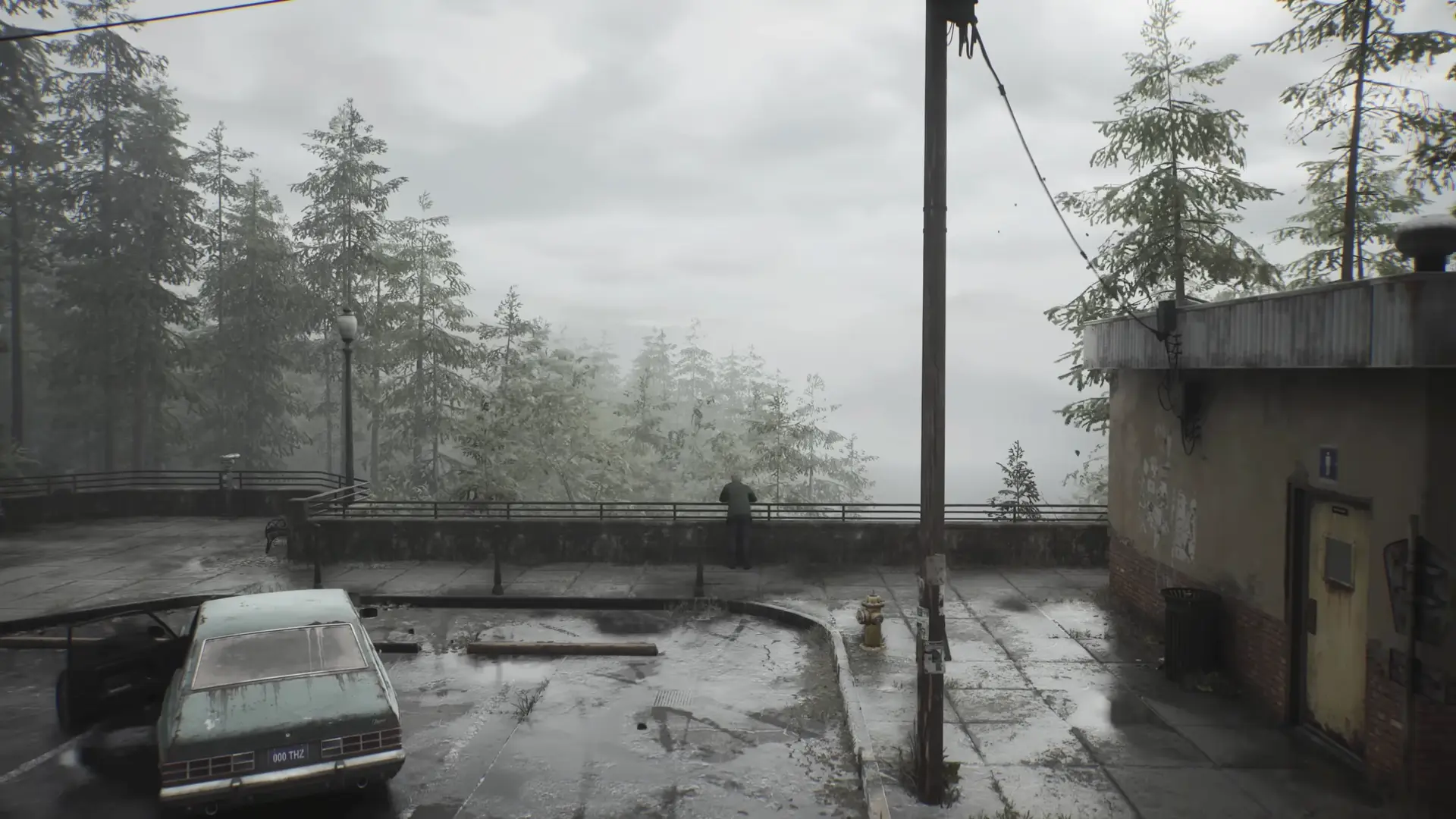 James Sunderland staring into the forest with thick fog.