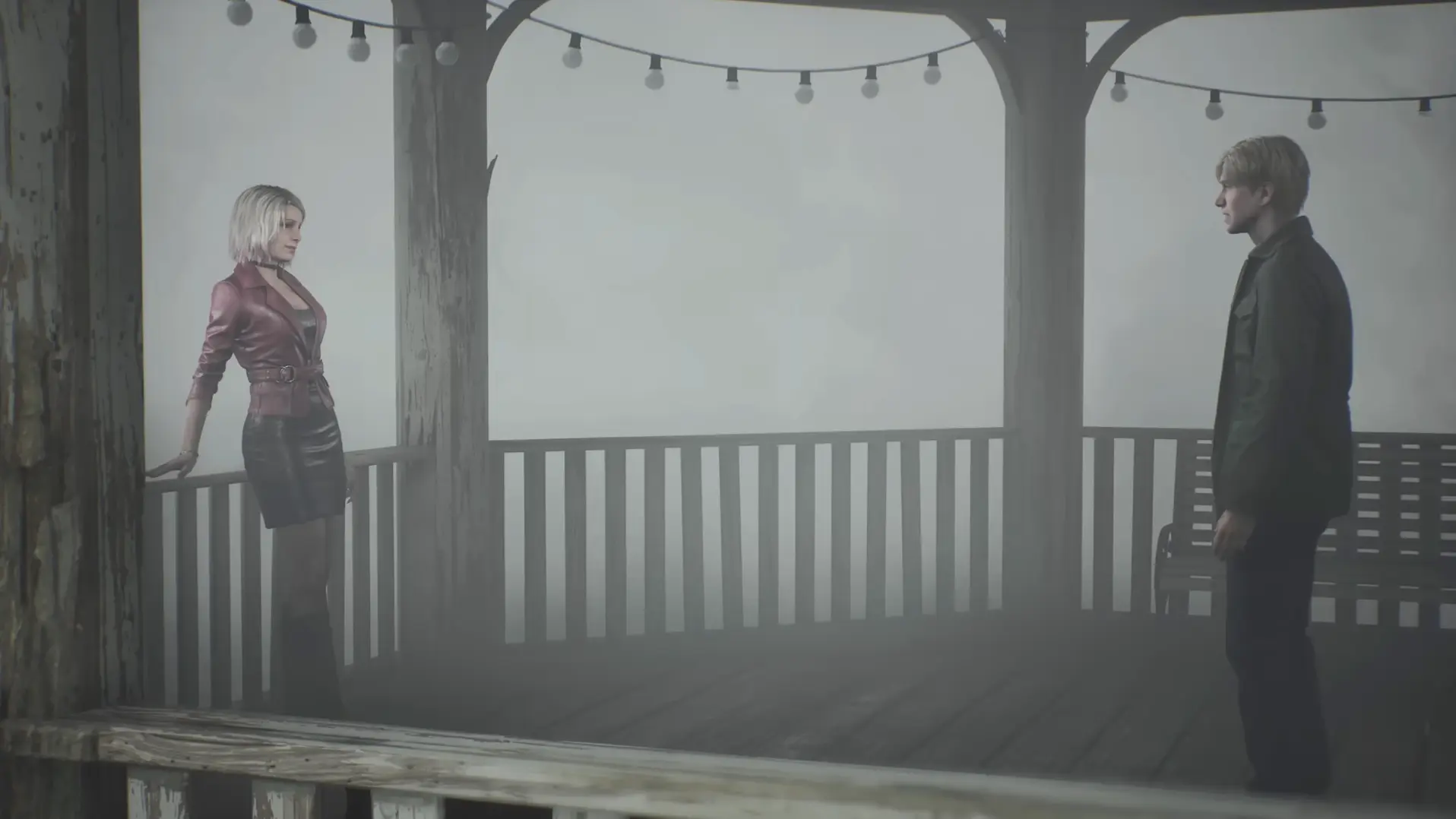 James meeting Maria at Rosewater Park, the visual contrast between her vibrant outfit and the gray fog highlighting her role as a tempting manifestation.