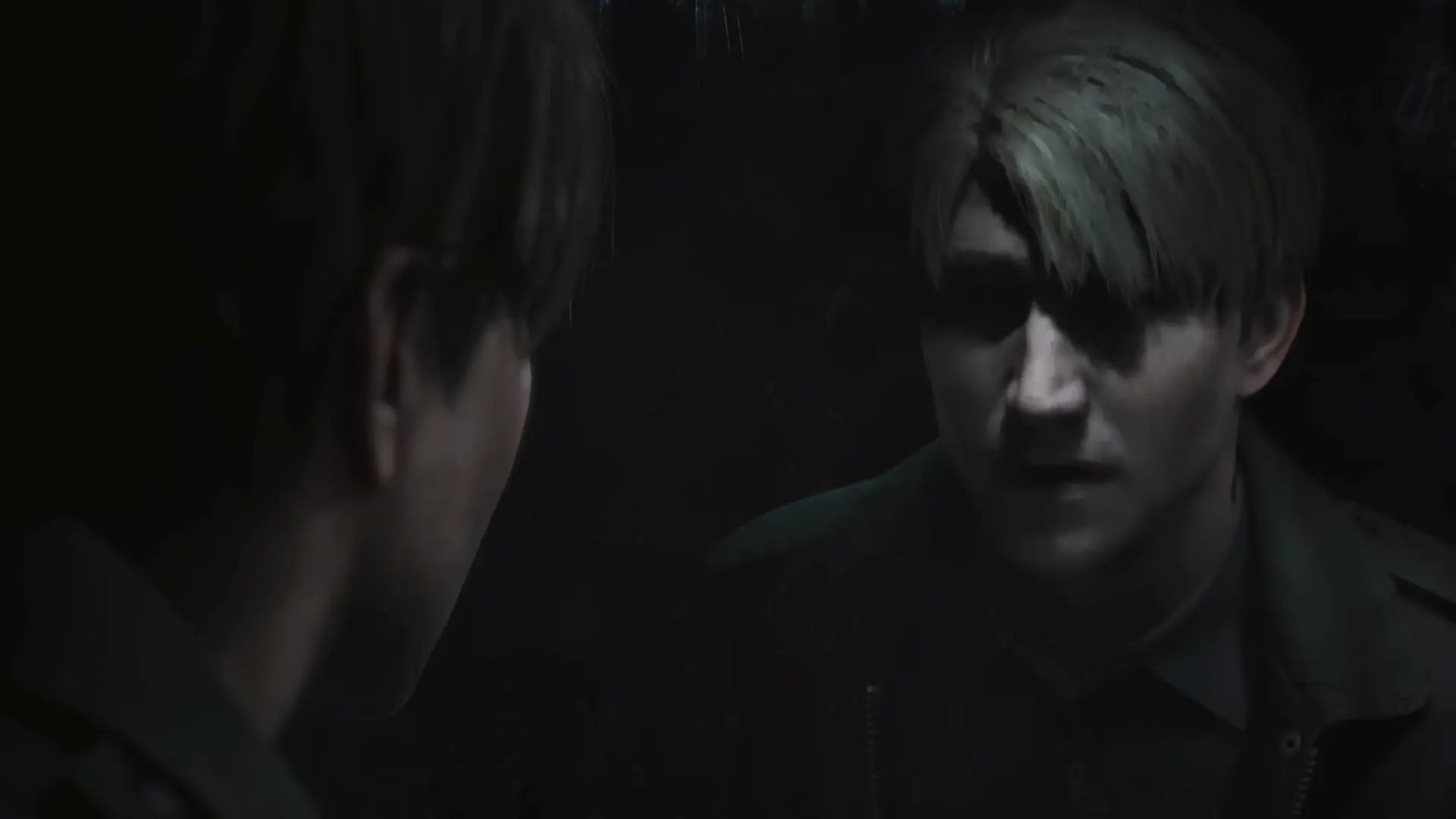 James Sunderland staring into the grimy mirror at the rest area, his face rendered with high-fidelity exhaustion and sorrow.