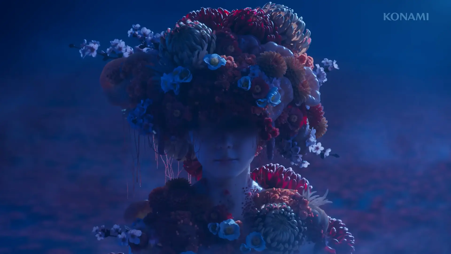 A macro shot of a single red spider lily growing out of a human skull, emphasizing the theme of life from death.