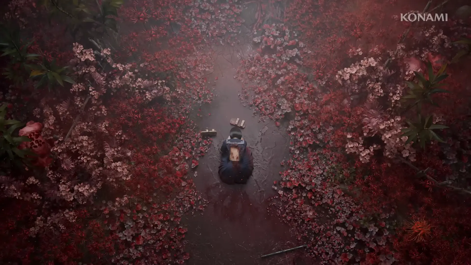 A hauntingly beautiful shot of Hinako standing in a dense field of red spider lilies under a darkening sky.