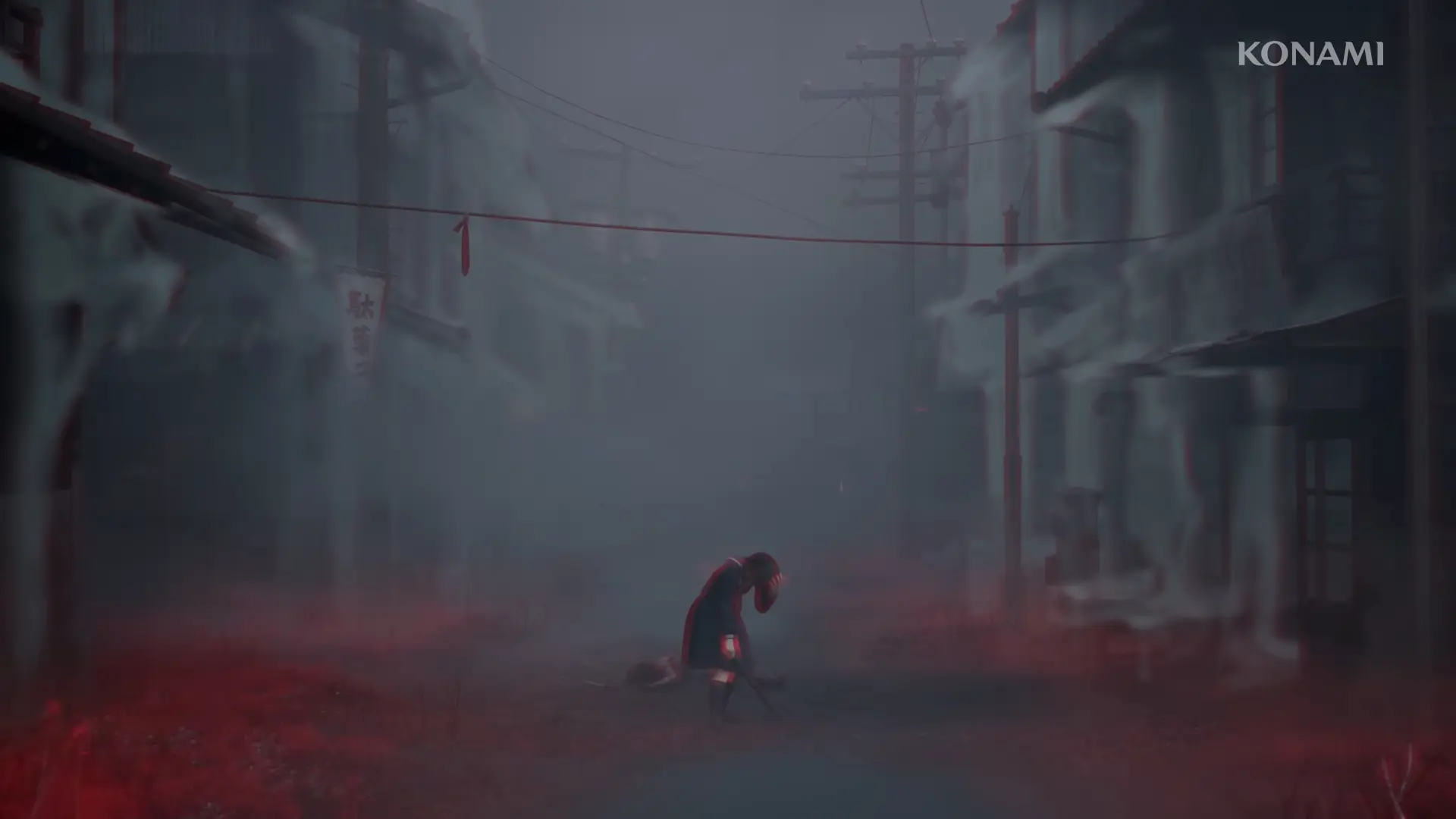 A shot of a traditional Japanese interior where the tatami mats are being slowly overtaken by red floral growths.