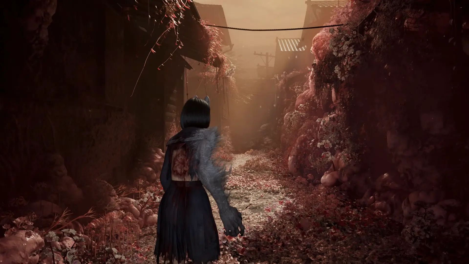 The sky turning a bruised purple and orange as the Otherworld takes hold, with the sun appearing like a bleeding eye.