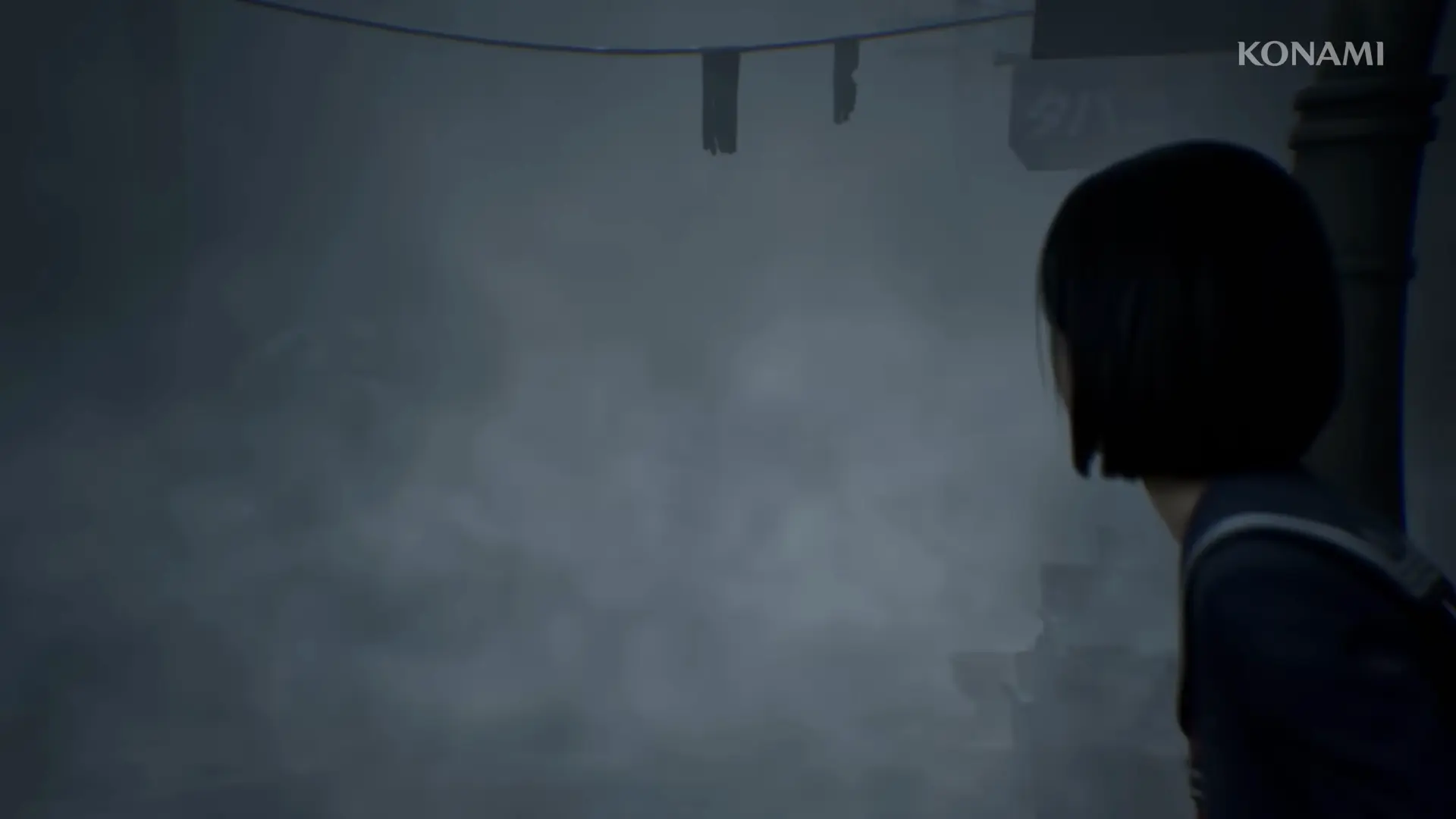 A rural Japanese street at dusk, showing the era-appropriate signage and the encroaching floral fog.