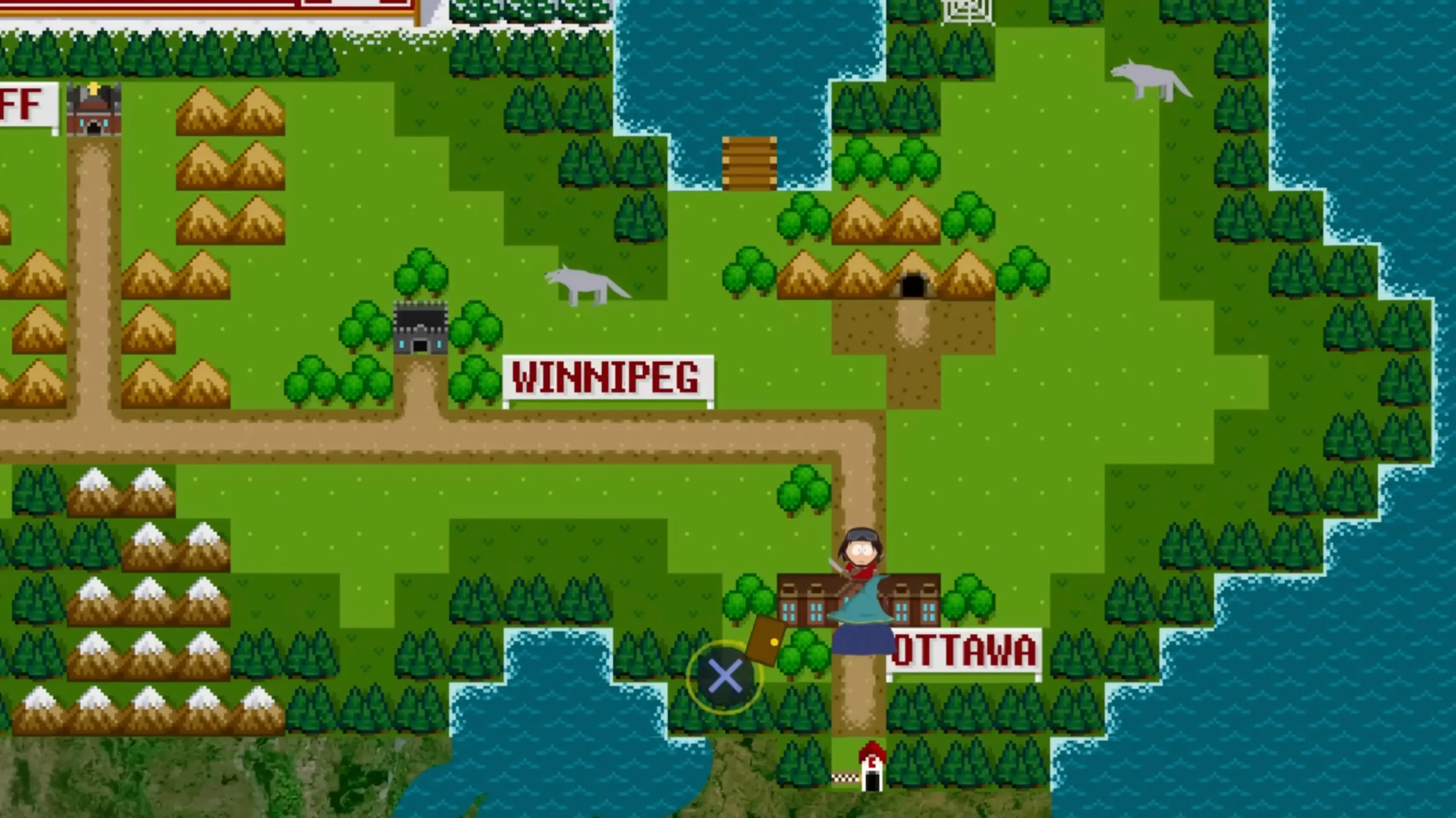 The hilarious 16-bit overworld map used when the player travels to the country of Canada.