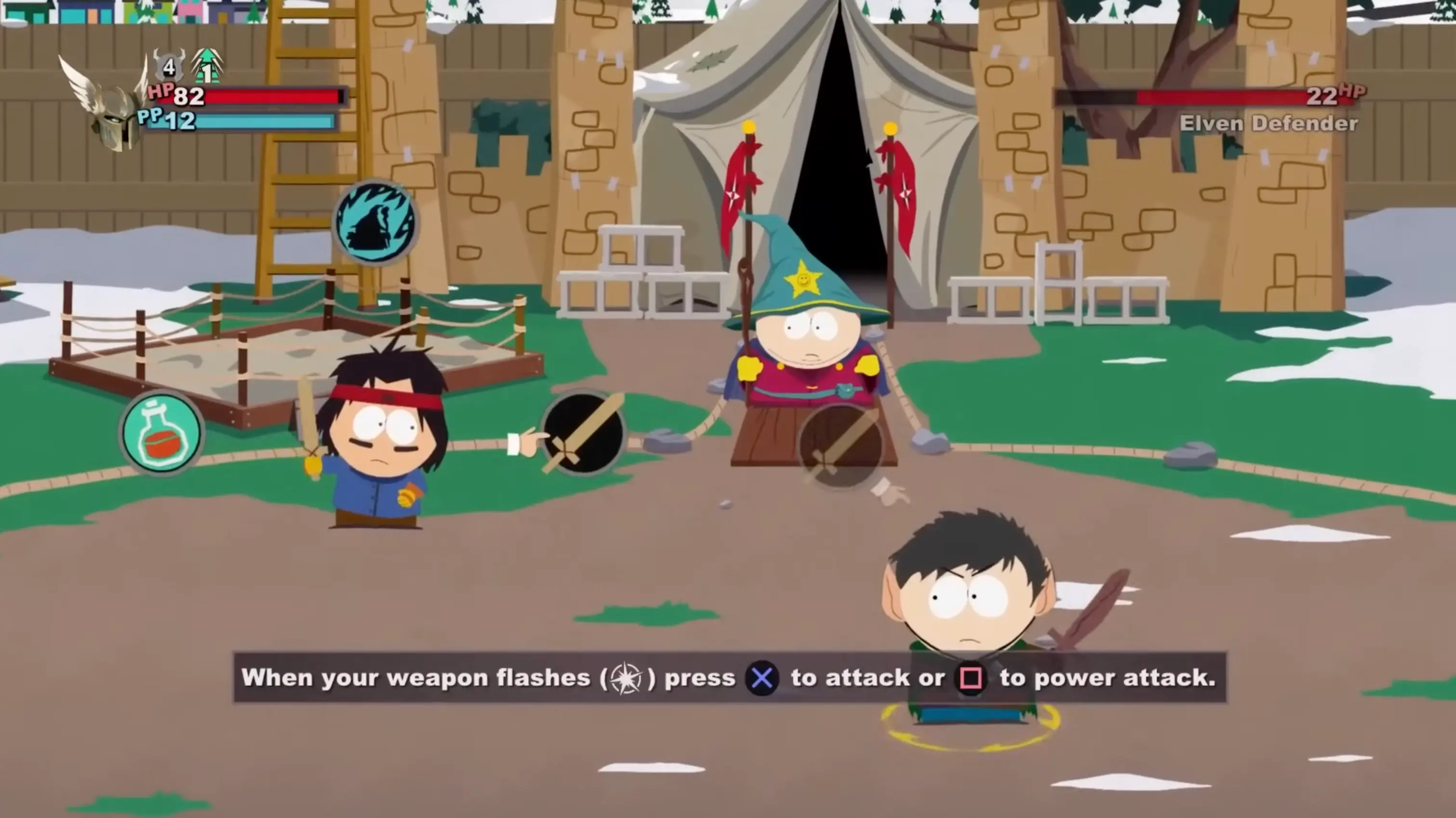 The New Kid and Butters facing off against a group of elven children in traditional turn-based RPG combat.