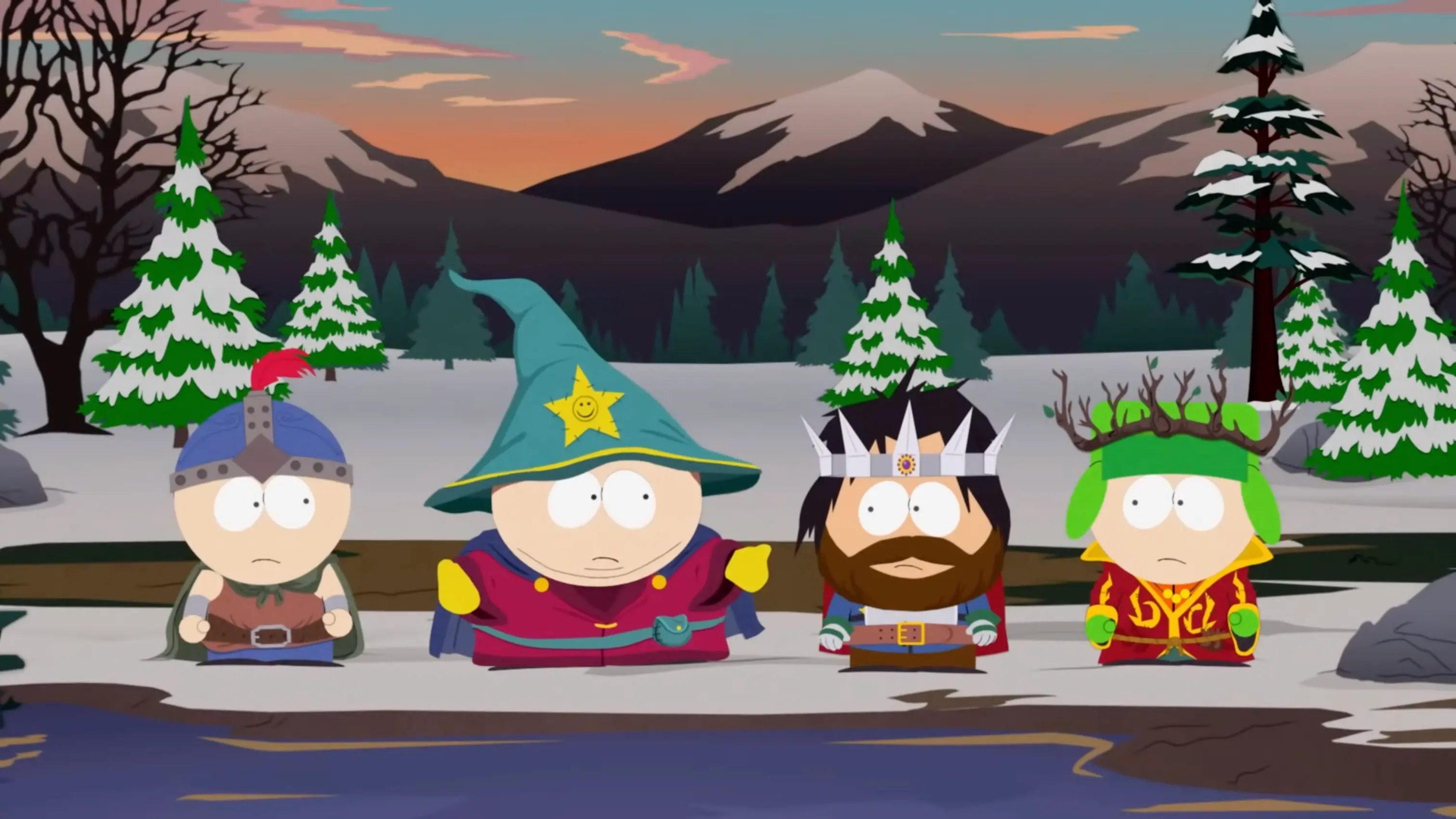A group photo of the New Kid posing with Cartman, Kyle, Stan, and Kenny in their fantasy LARP outfits.
