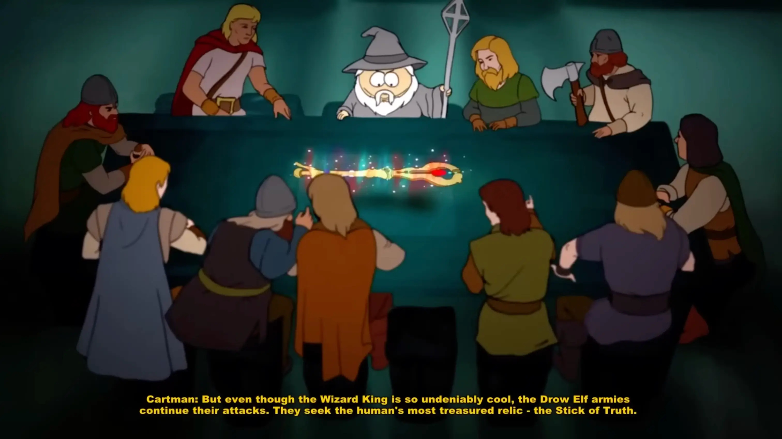 Eric Cartman dressed as the Grand Wizard, dramatically introducing the lore of the Stick of Truth from his backyard.